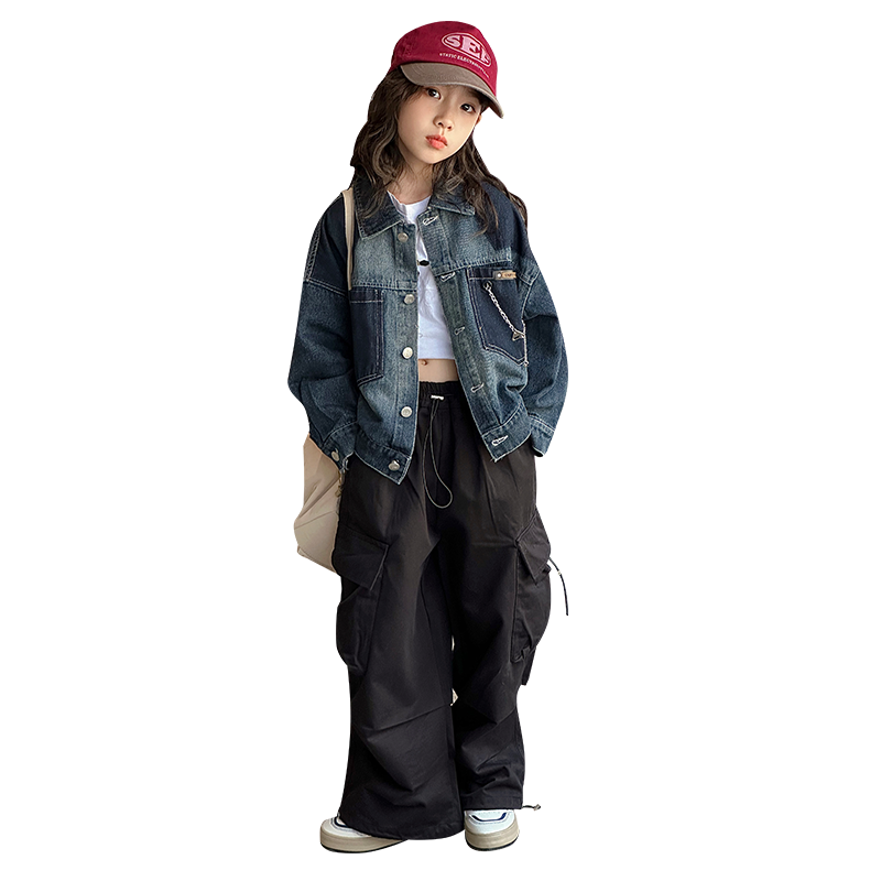 Girls Navy Blue Block Spliced Denim Jacket