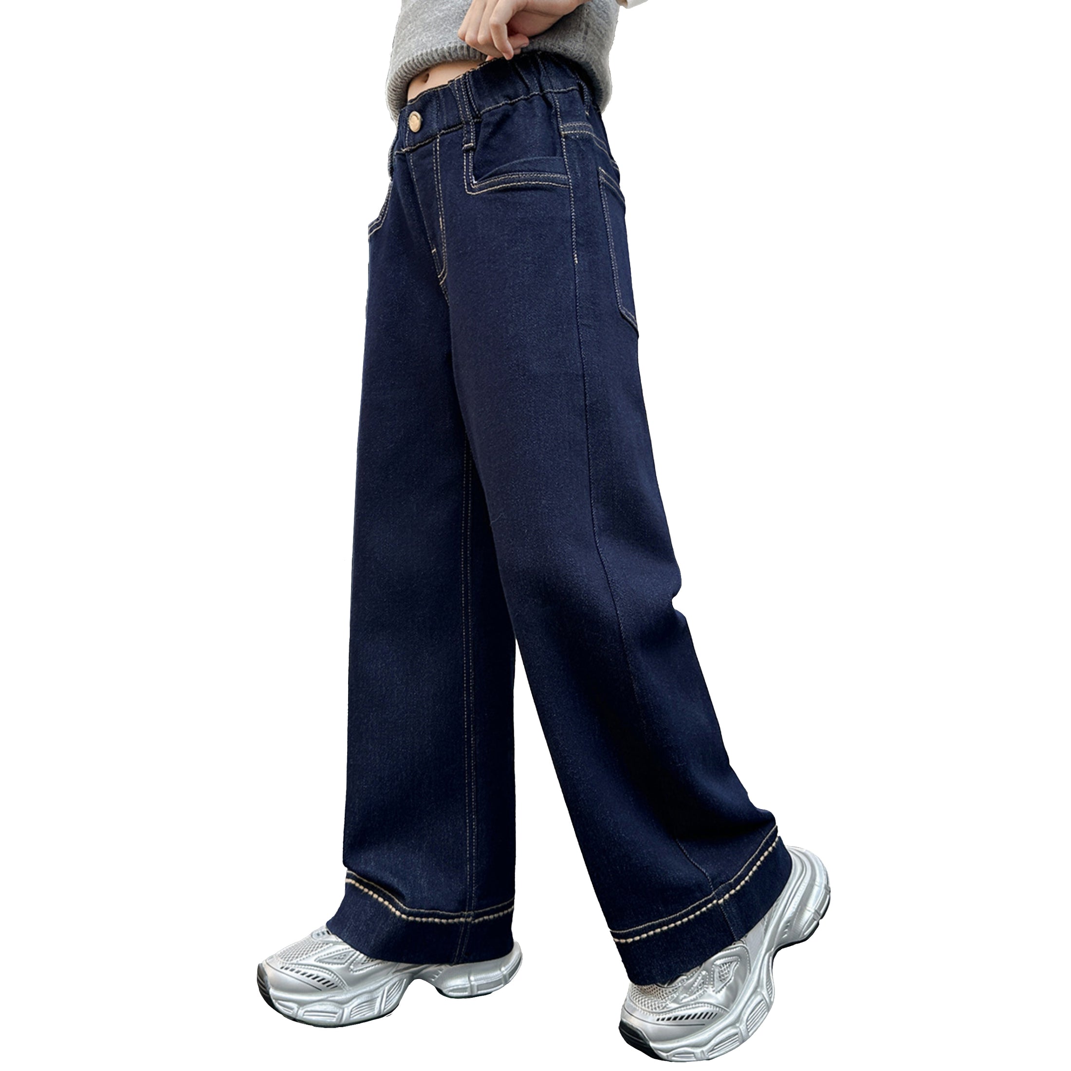 Girls Primary Color Topstitch Basic Denim Wide Leg Pants