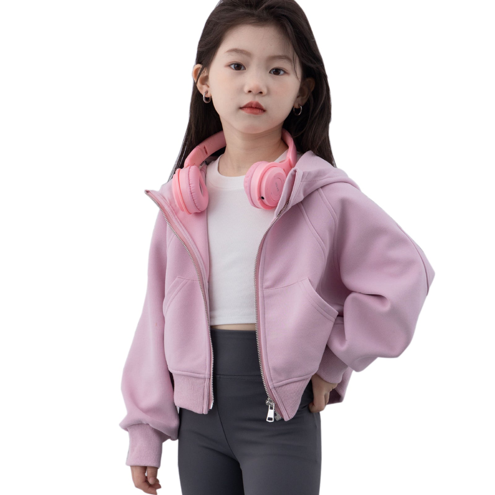 Girls Zip Up Hoodies Cropped with Pocket