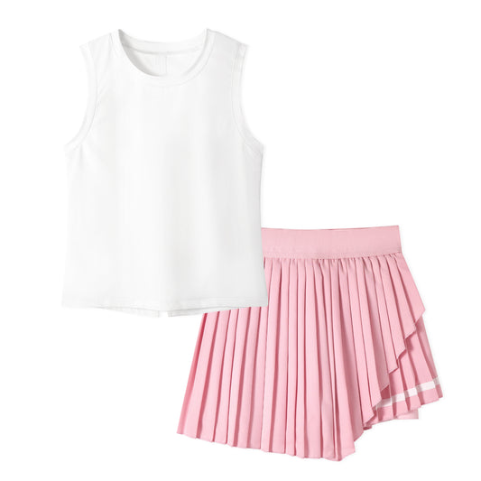 Rolanko Girls Tennis Skirt Set, UPF 50+ Tank Top & Pleated Skirt