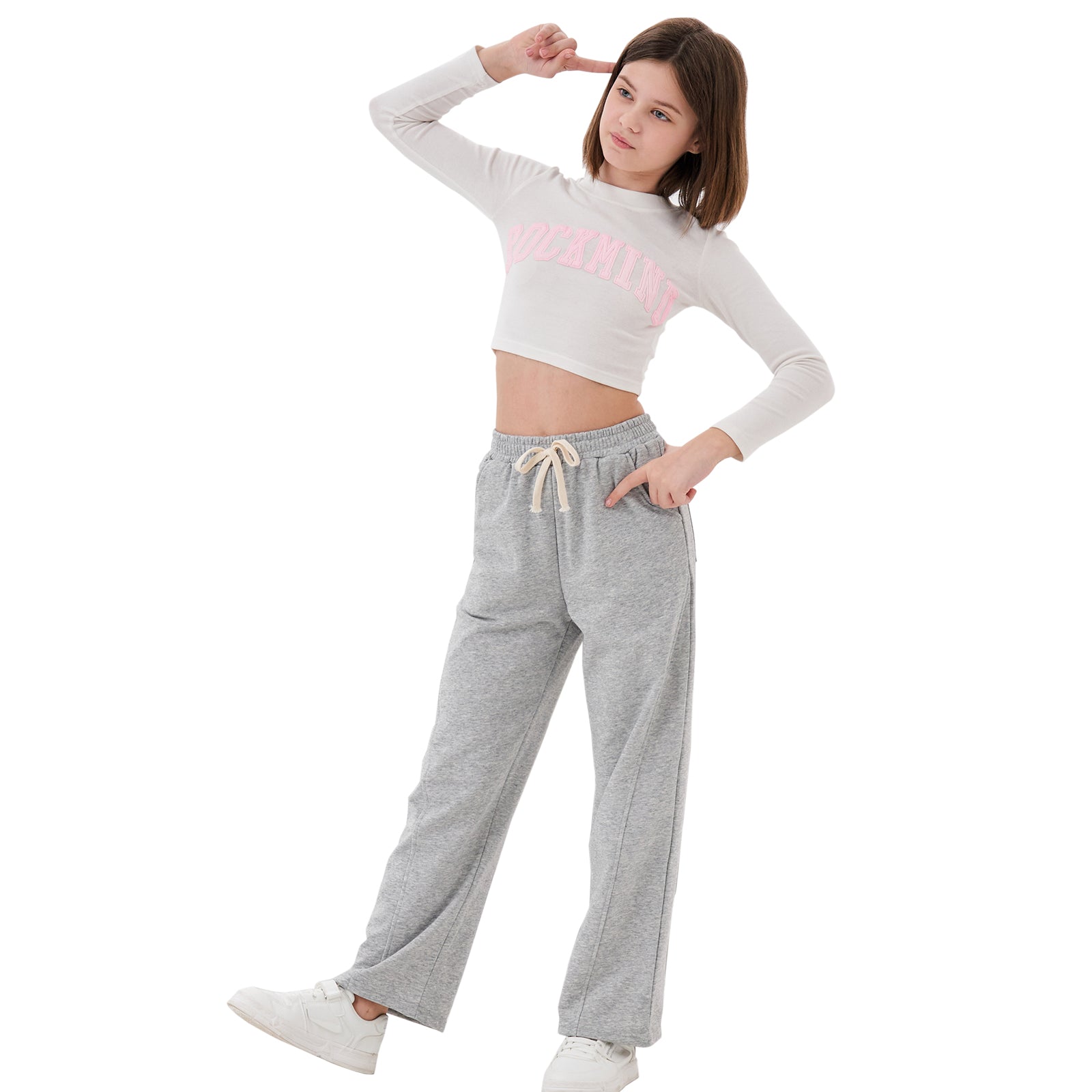 Girls Wide Leg Straight Sweatpants with Pockets