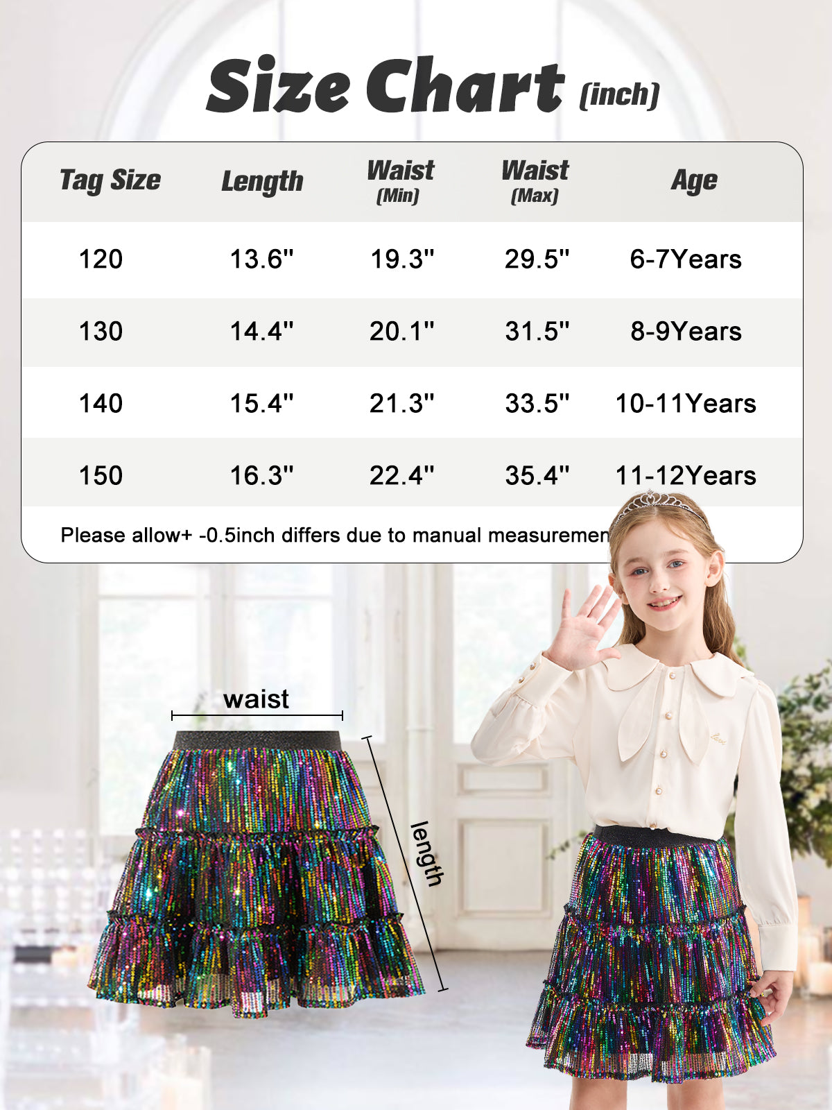 Rolanko Girls Sequin Sparkly Elastic Waist Summer Pleated Tulle Flowy Ruffle Skirts