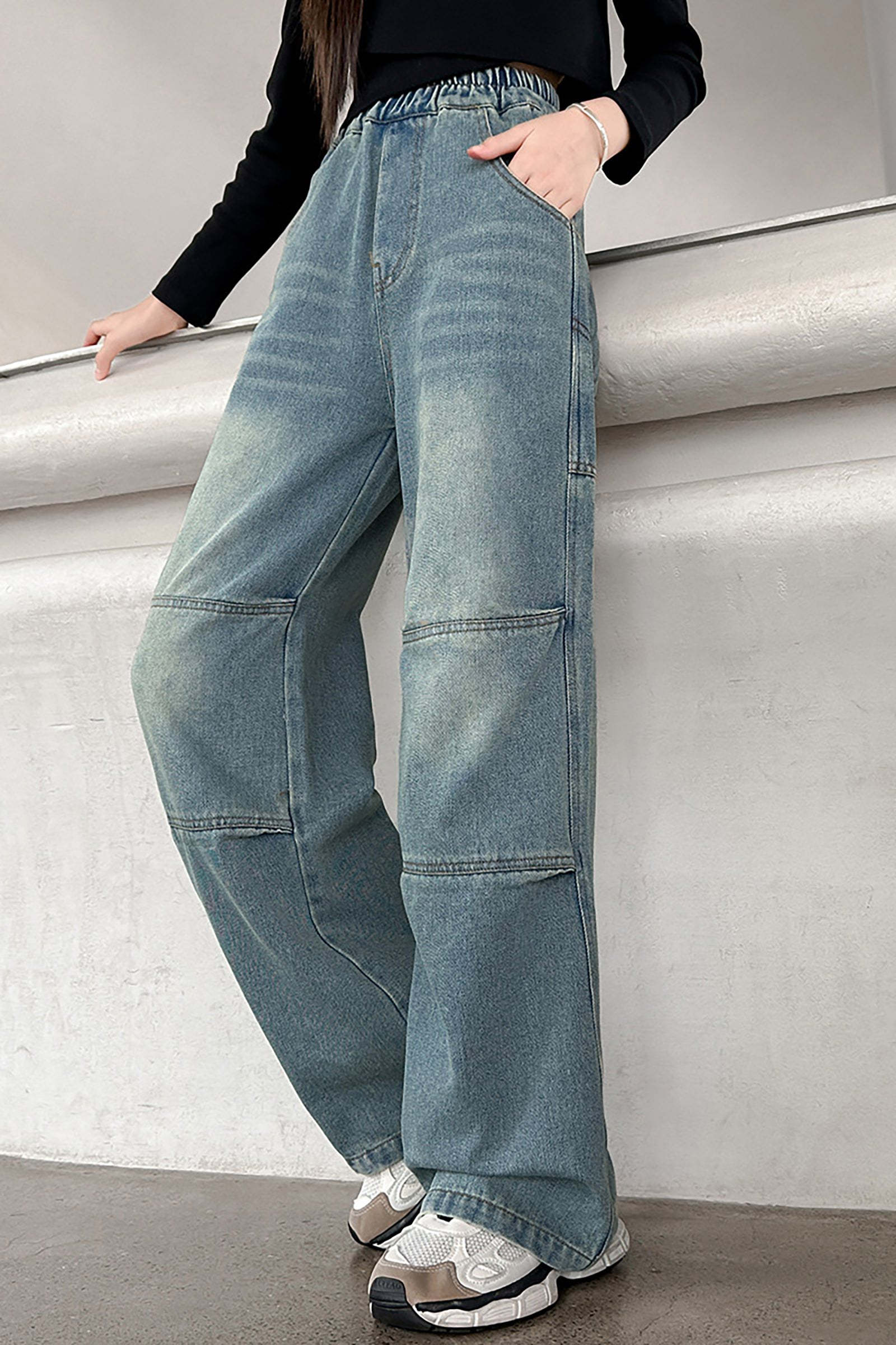 Girls Knee Stitched Wide Leg Jeans