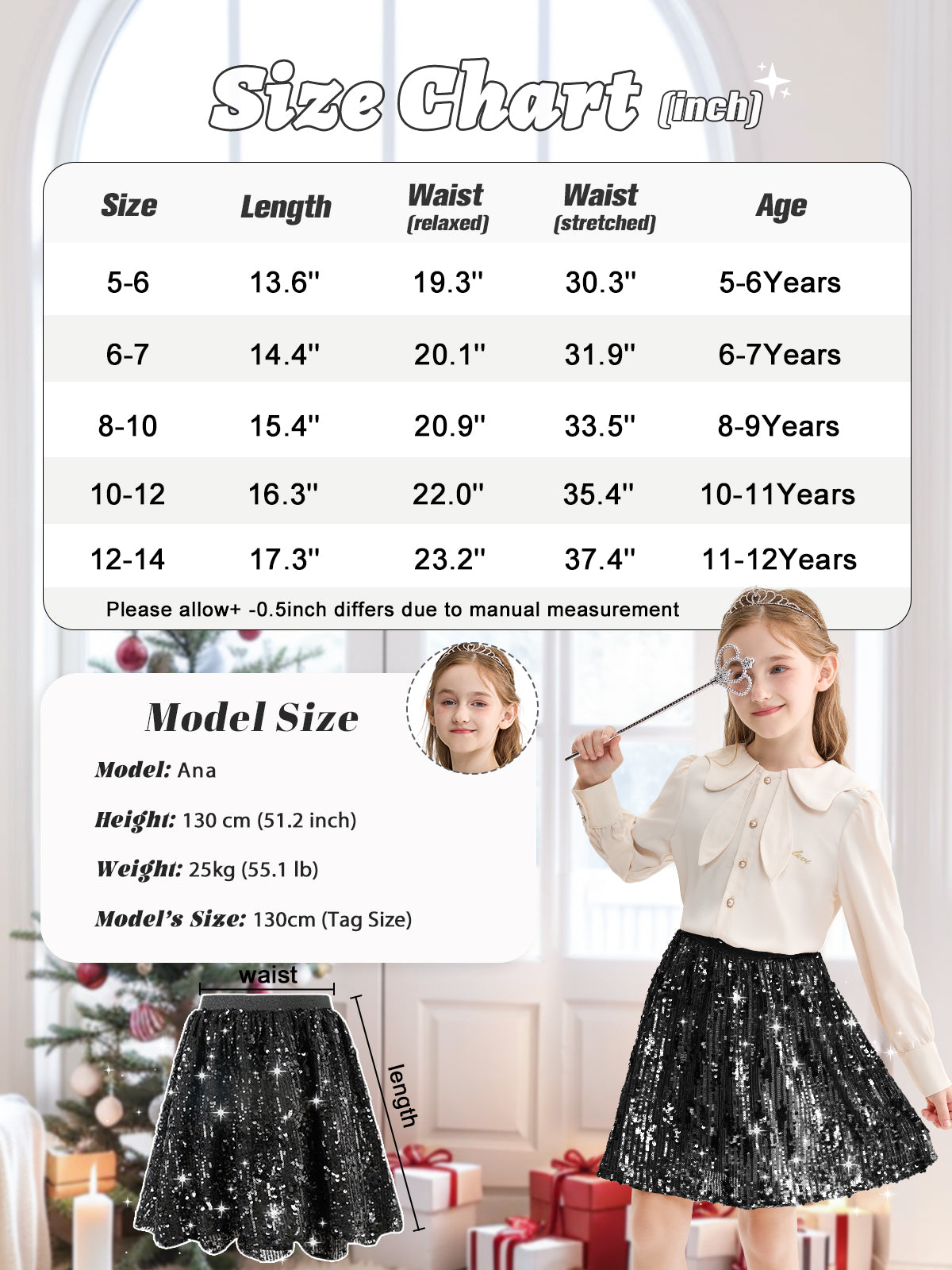 Rolanko Girls Sequin Elastic Waist Glitter Sparkly Skirt