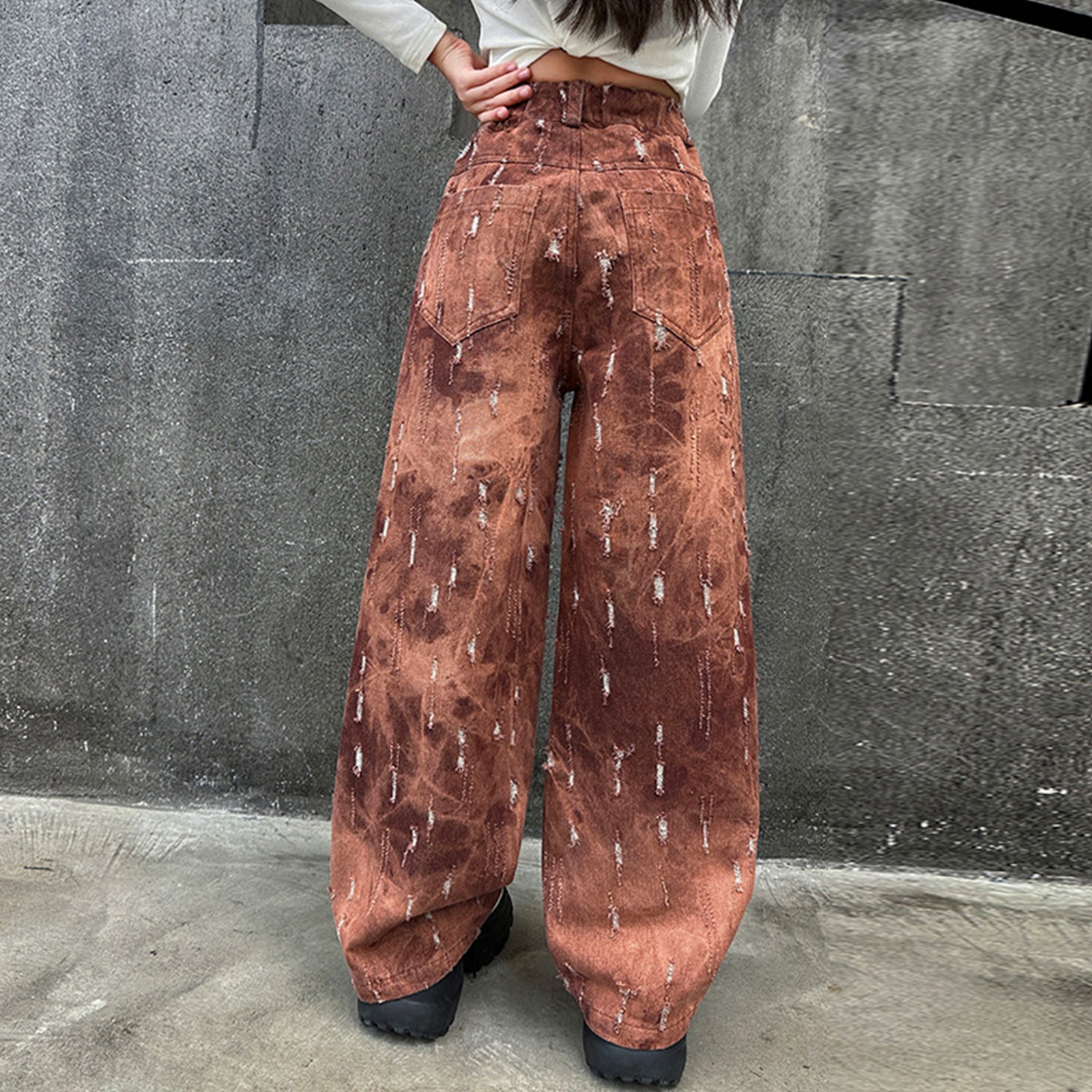 Girls red brown tie-dyed ripped jeans