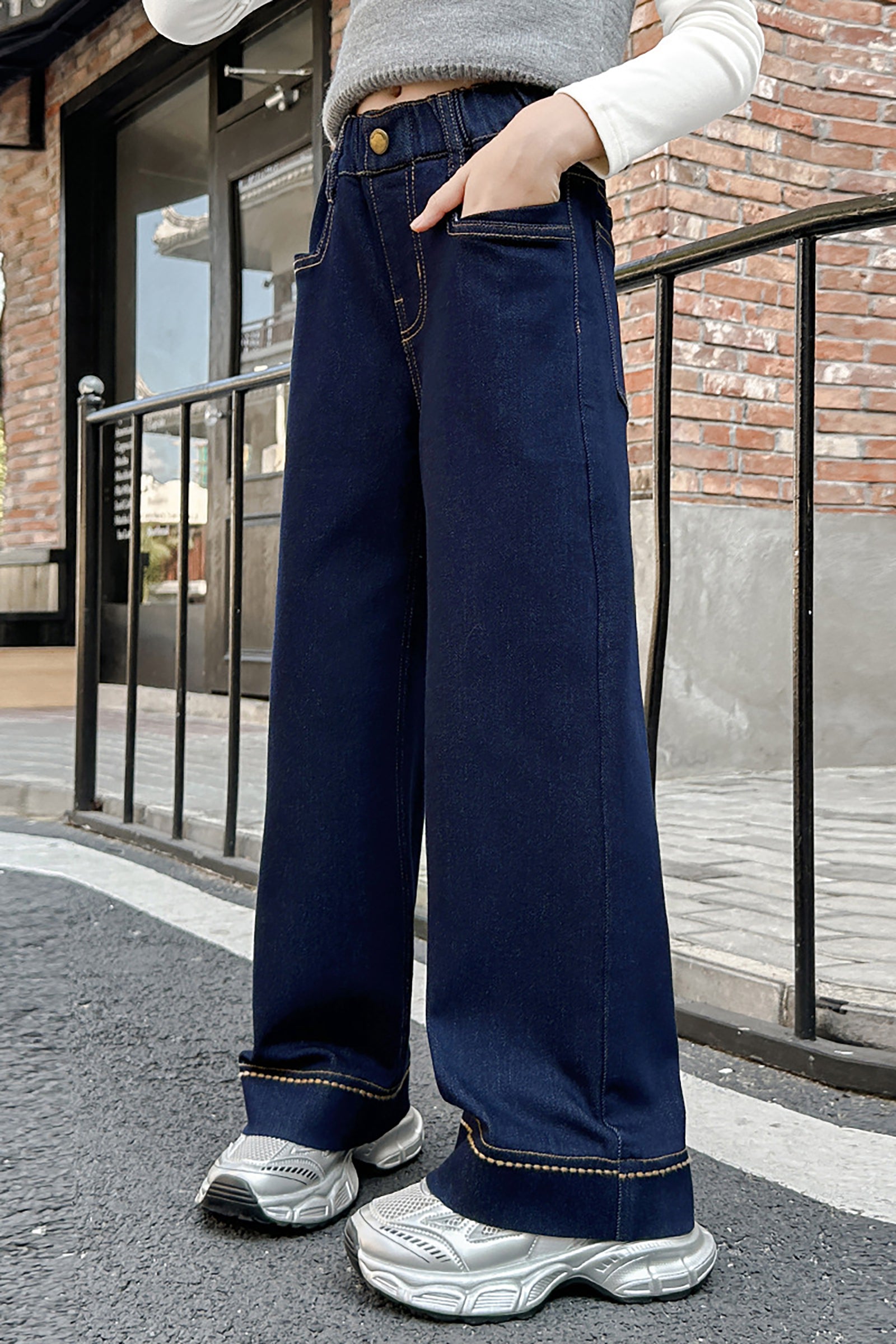 Girls Primary Color Topstitch Basic Denim Wide Leg Pants