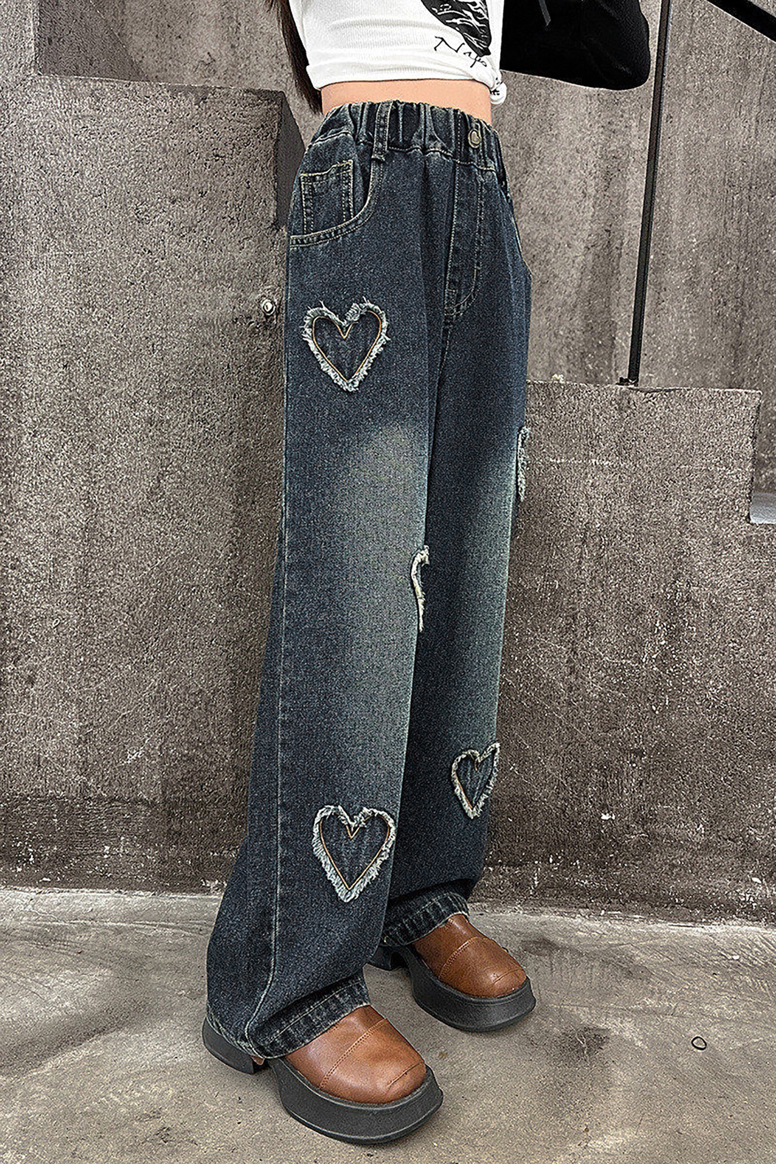 Girls Navy Raw Hemmed Heart Jeans