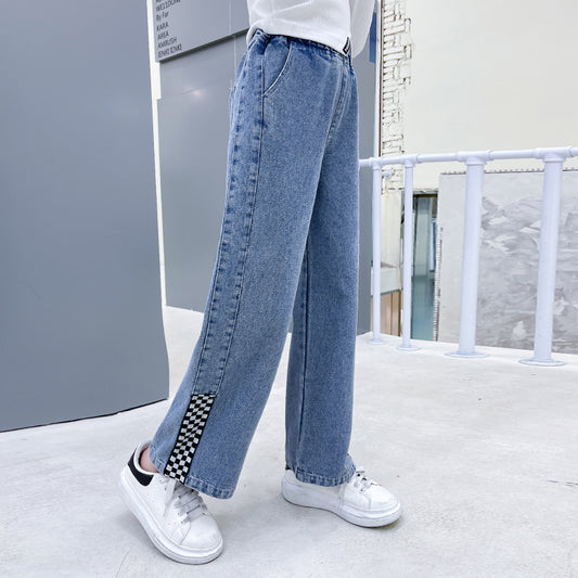 Pantaloni larghi a gamba larga con stampa floreale a scacchiera alla moda da ragazza 