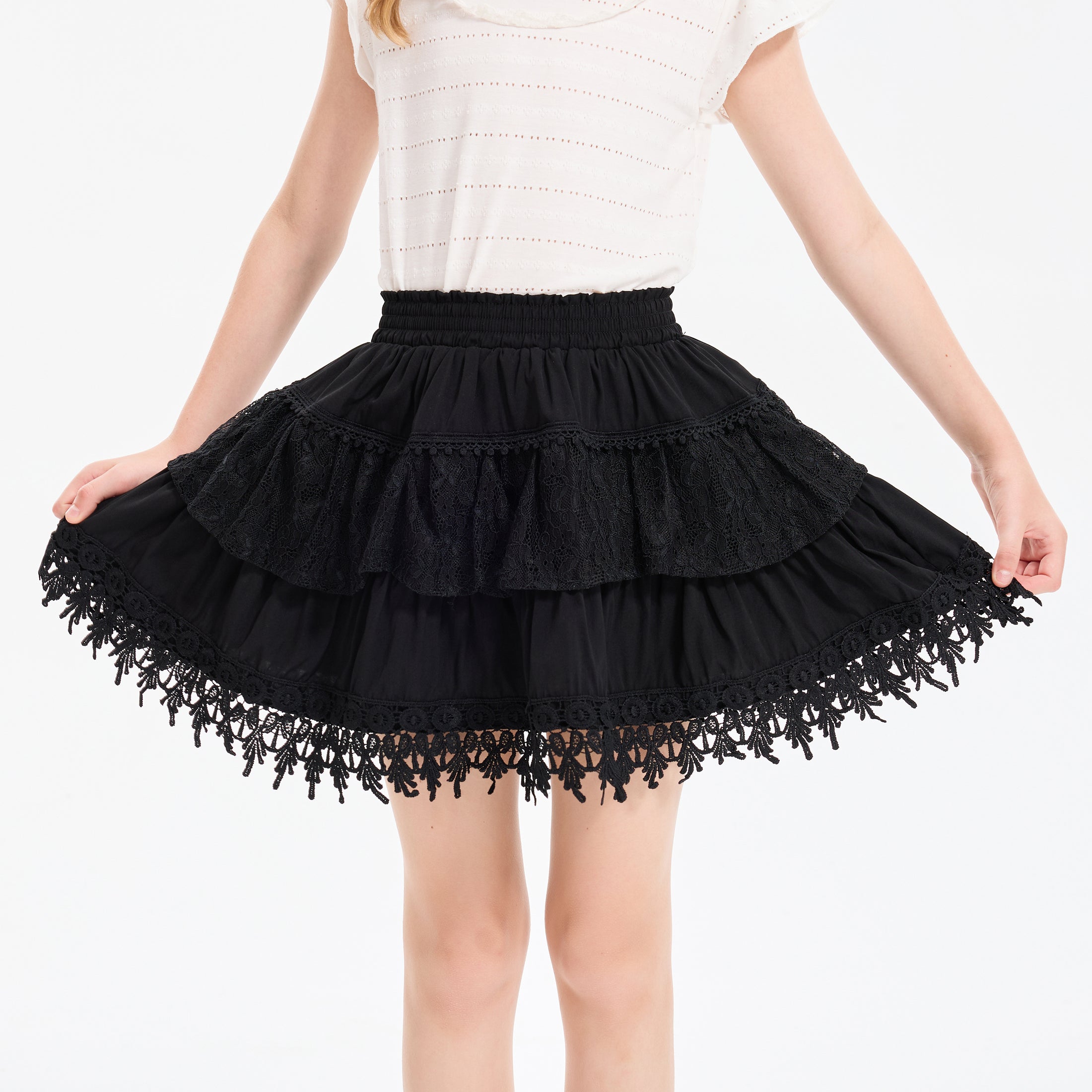Rolanko Girls Lace Mini Skirts Ruffle Pleated Tiered High Waist Flowy Skorts