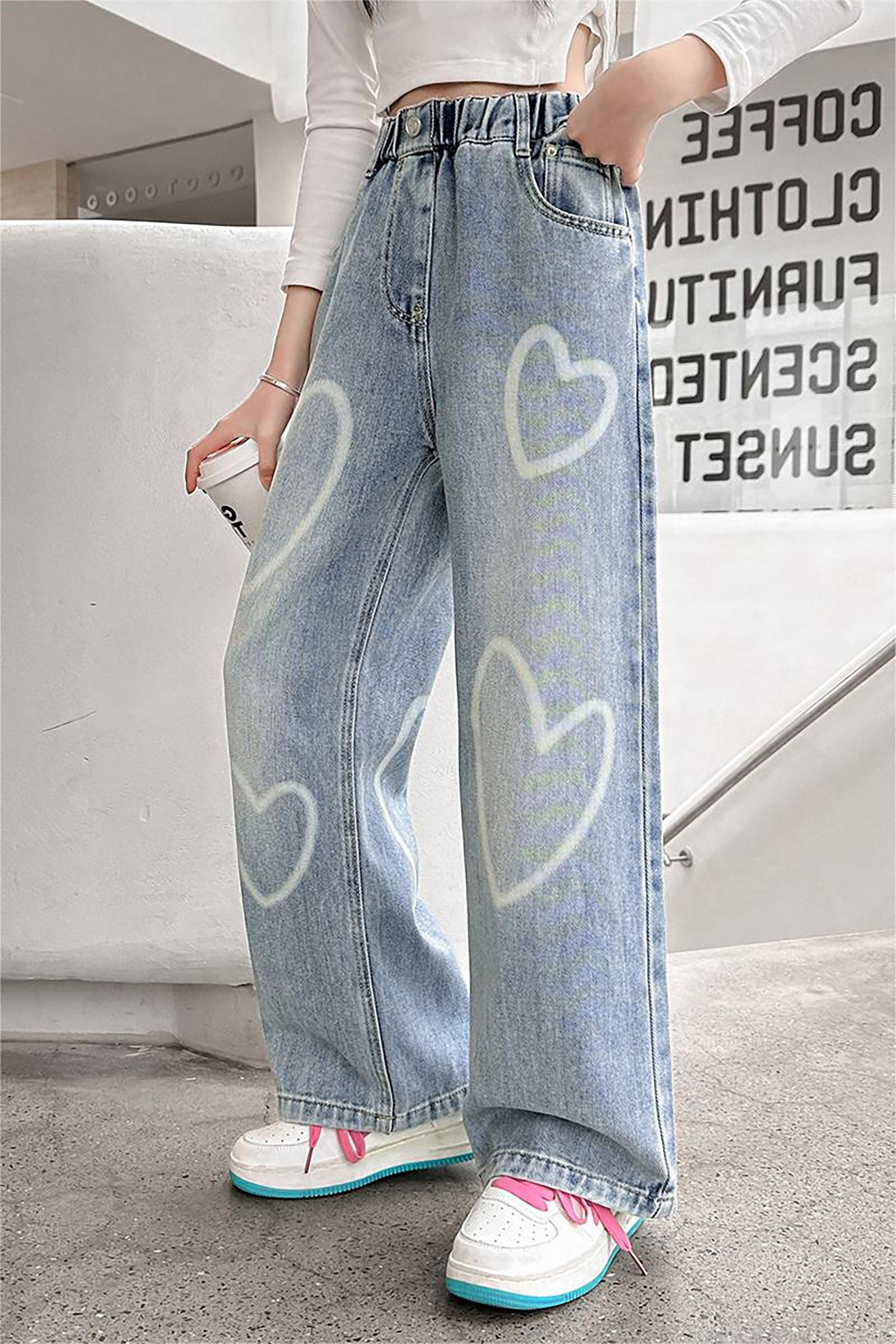 Girls Elastic Waist Blue Love Jeans