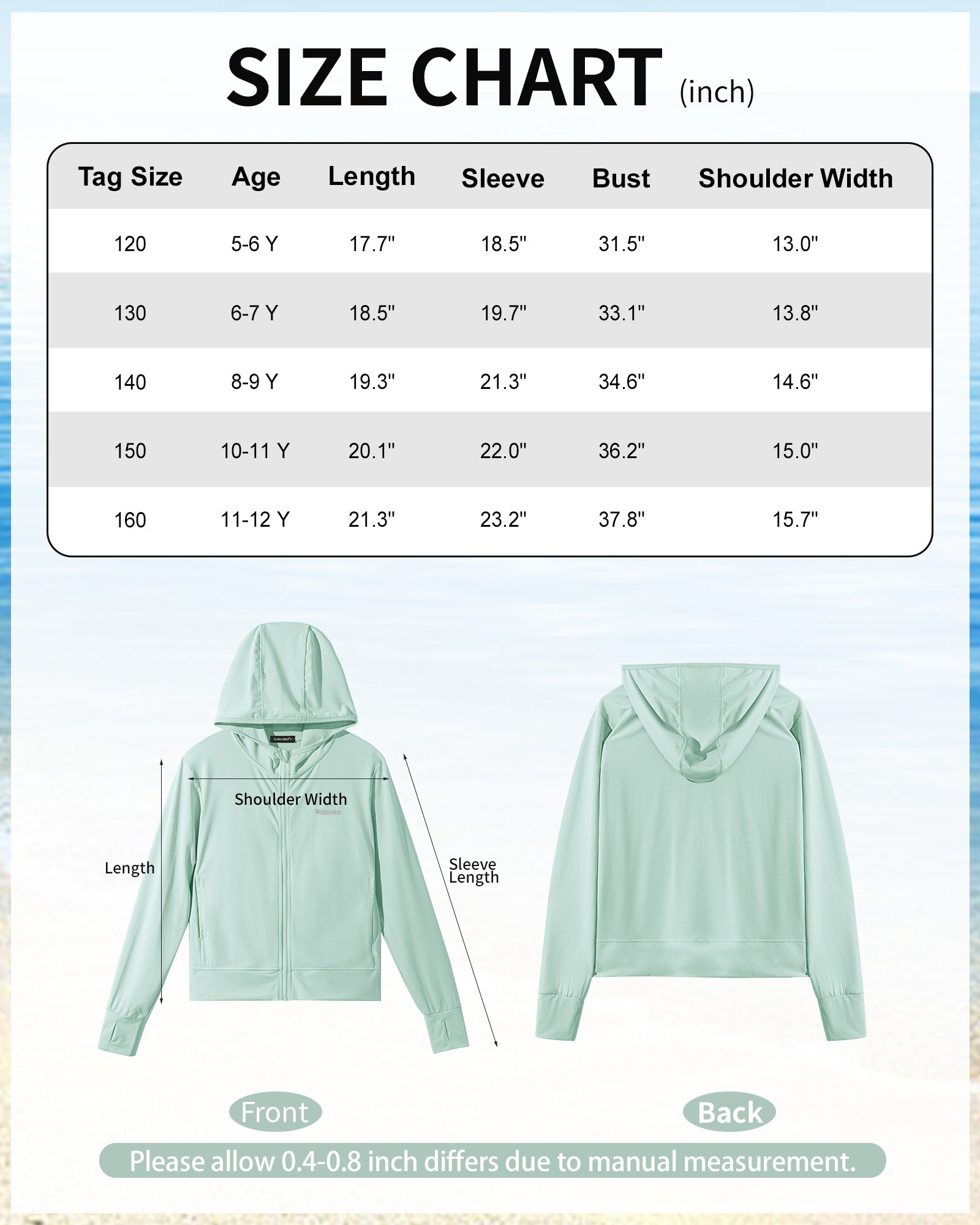 Rolanko Kids Zip Up Sun Hoodie UPF50+ with Thumbholes