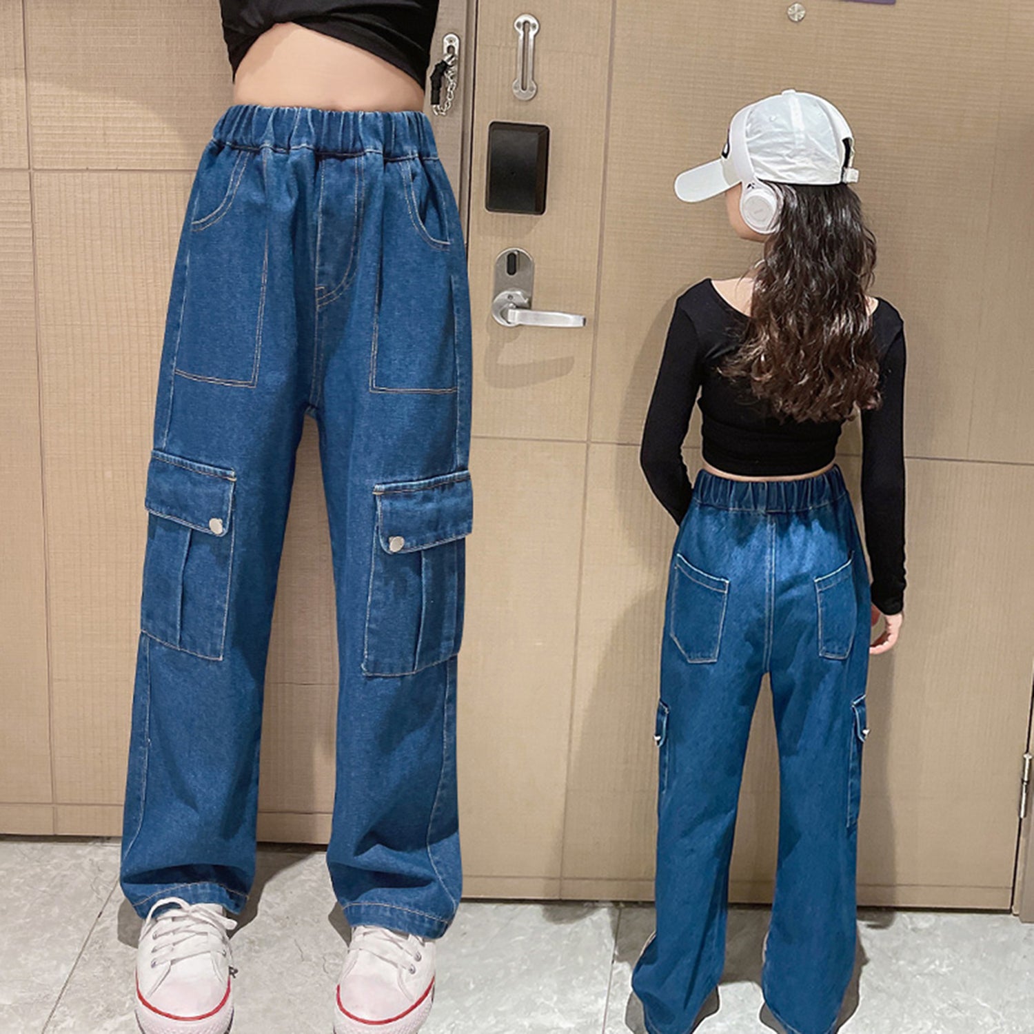 Girls Blue Denim Baggy Cargo Pants