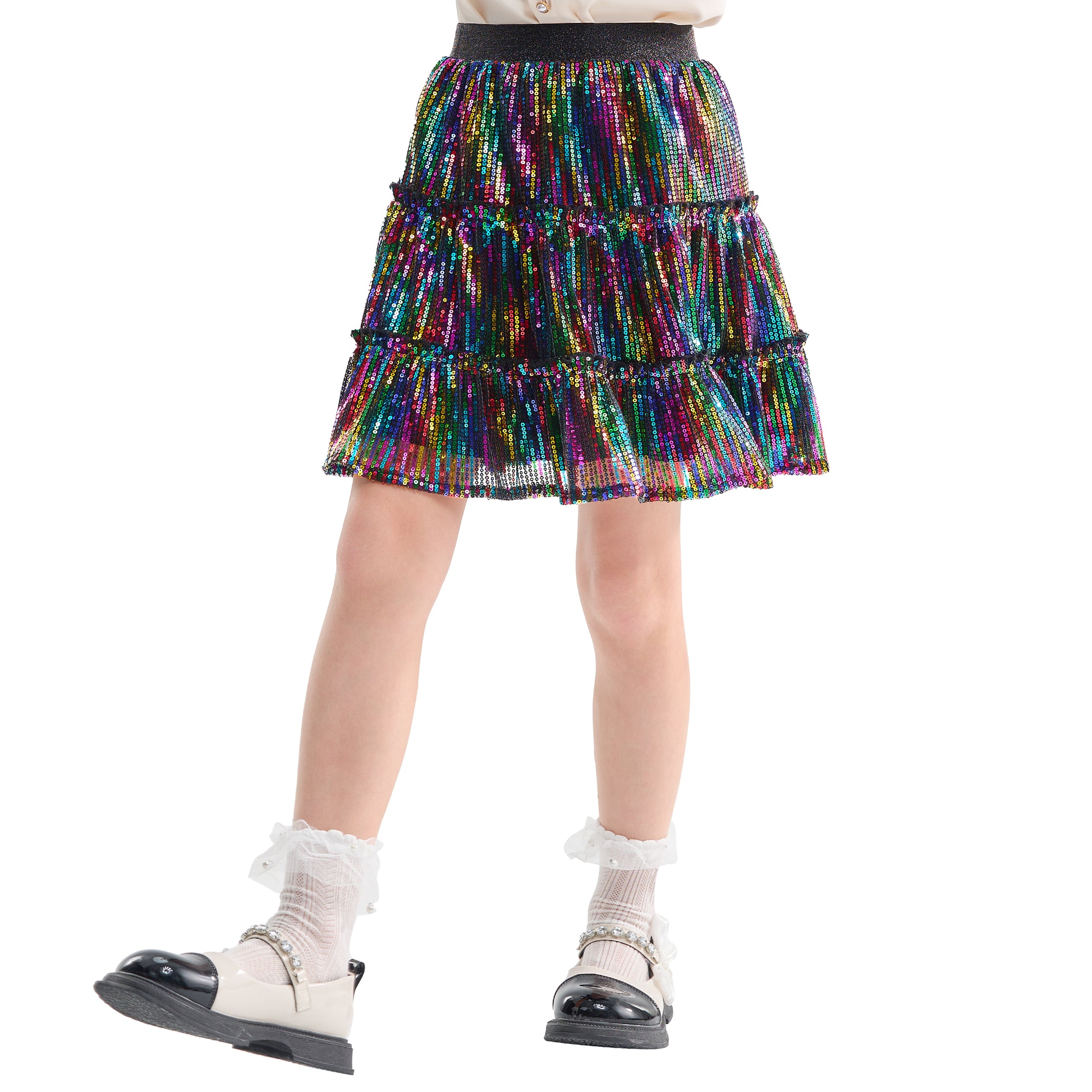 Rolanko Girls Sequin Sparkly Elastic Waist Summer Pleated Tulle Flowy Ruffle Skirts