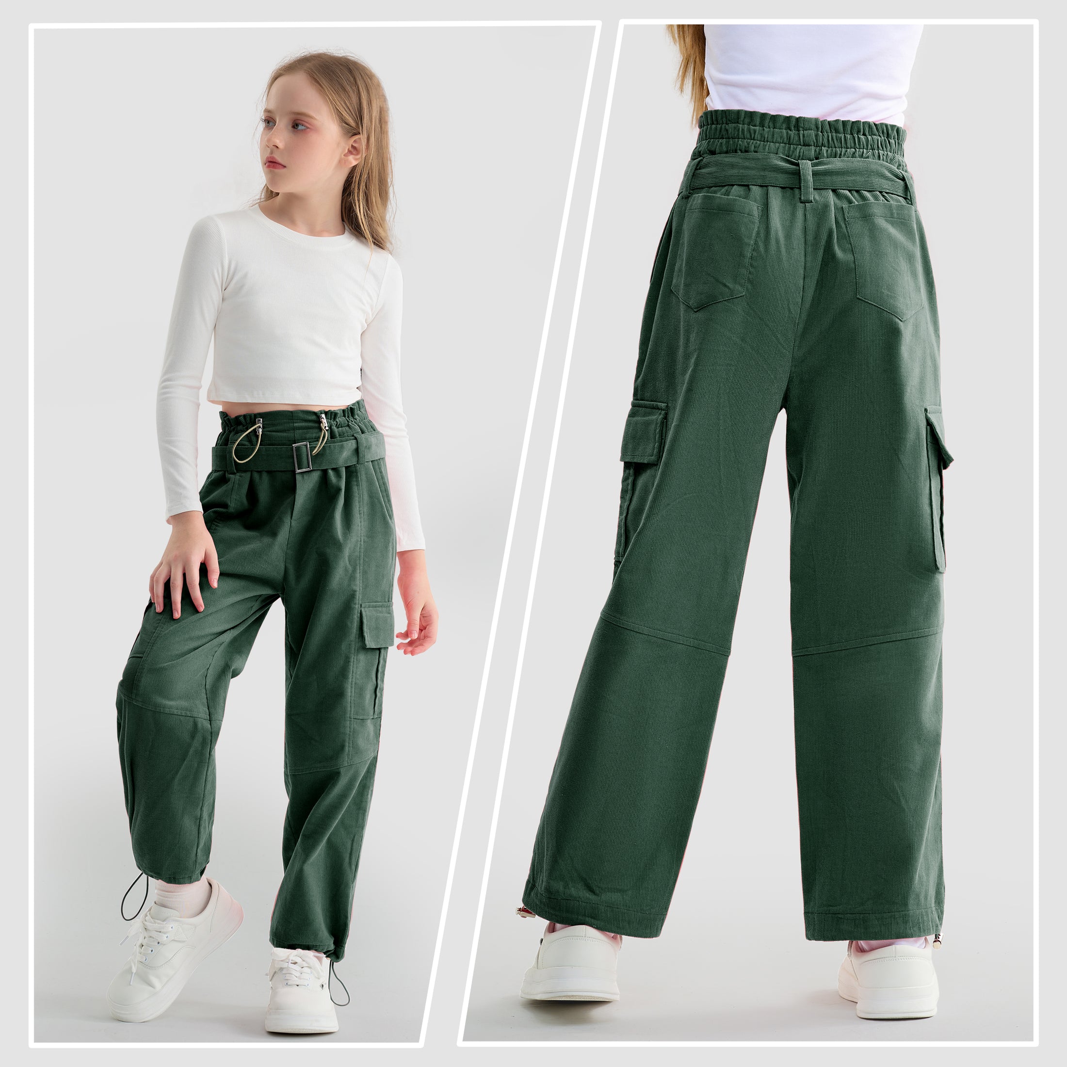 Girls Wide Leg Loose Cargo Pants with Belt