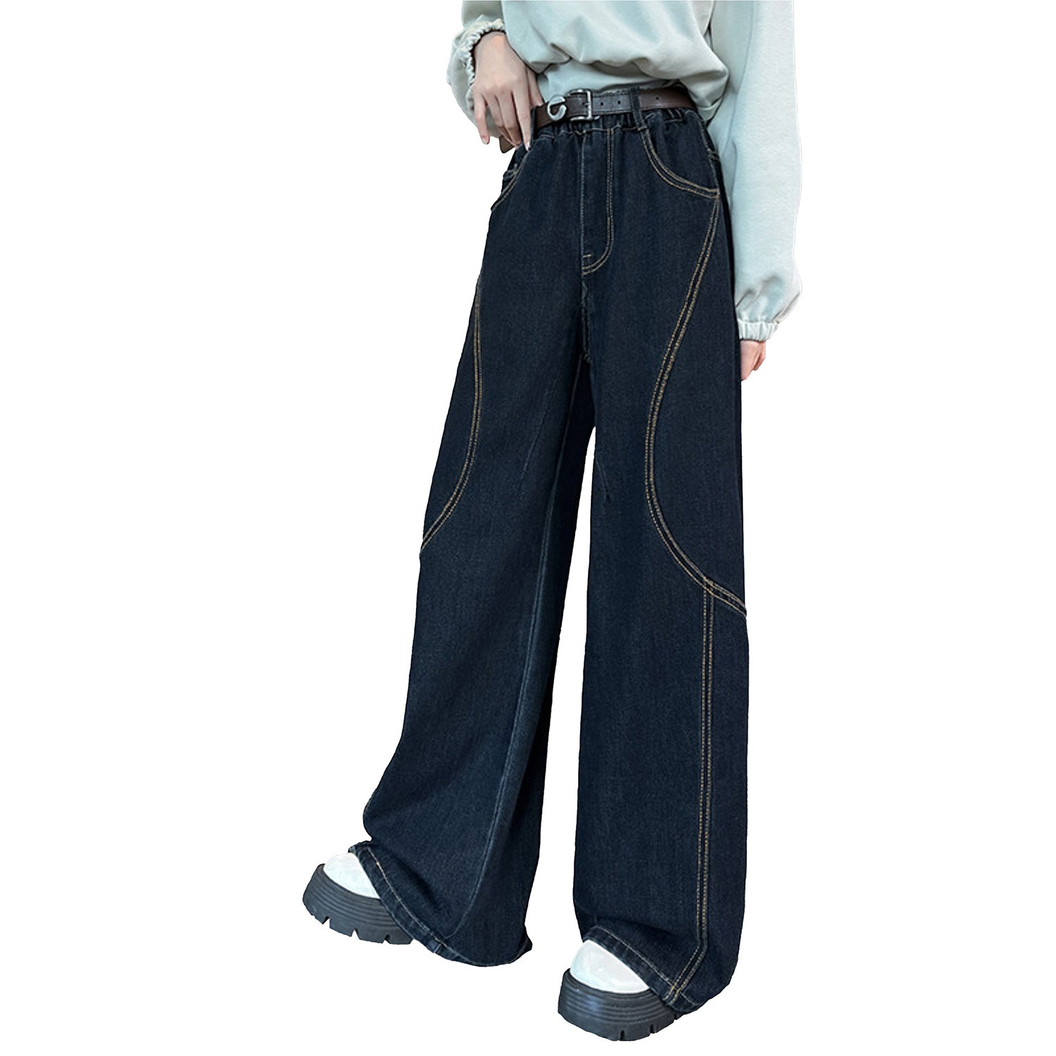 Girls Curved Topstitch Denim Blue Wide Leg Jeans