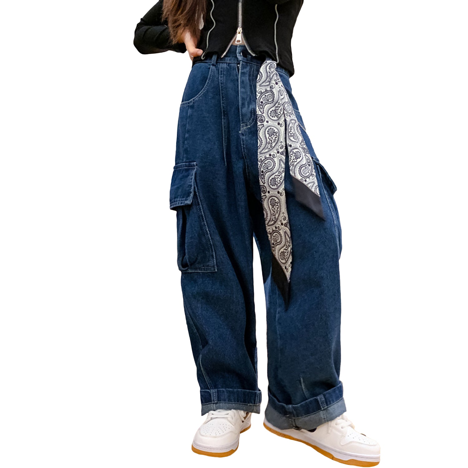 Girl's Casual High Waist Baggy Wide Leg Cargo Pants