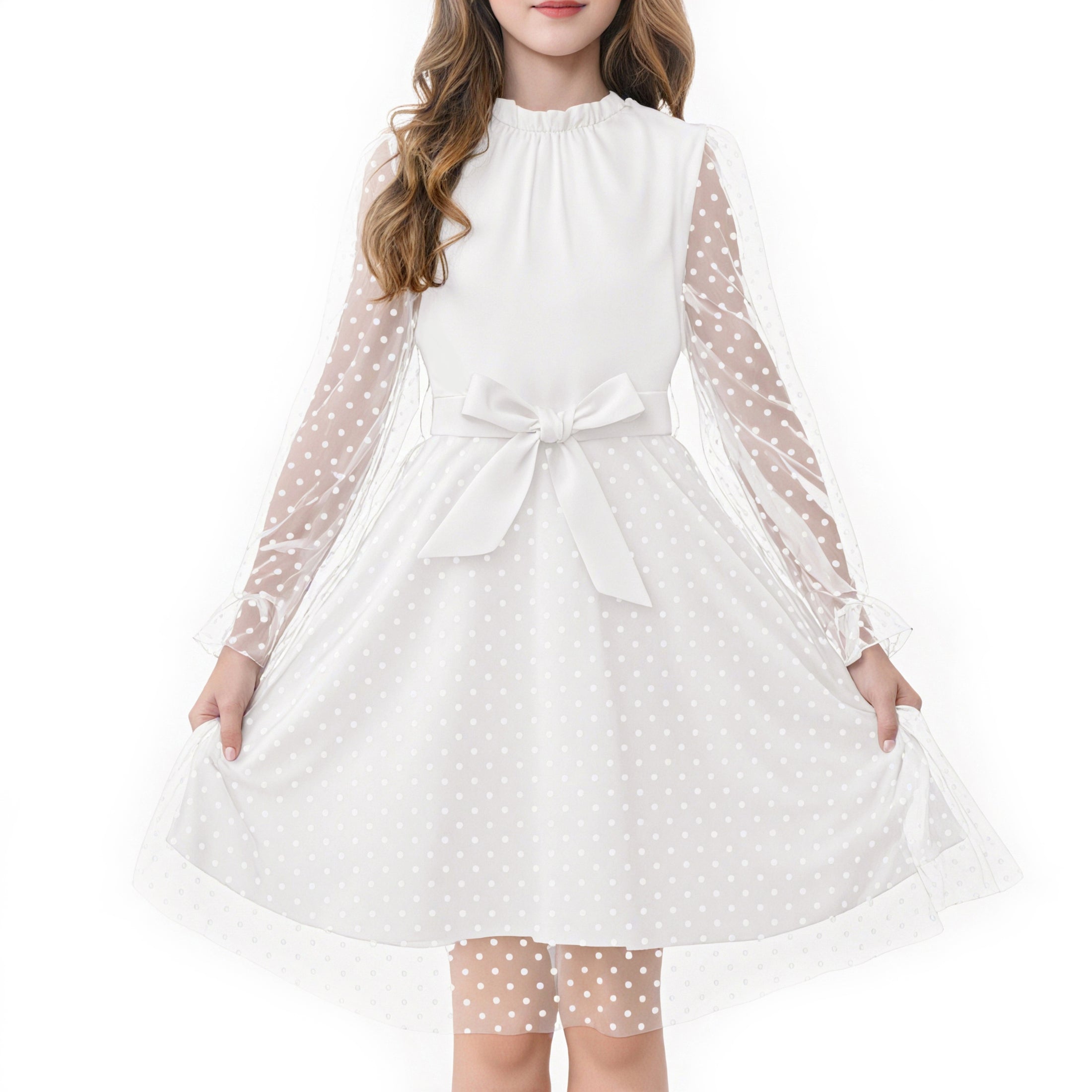 Rolanko Girls Contrast Mesh Puff Long Sleeve A-Line Dress with Belt