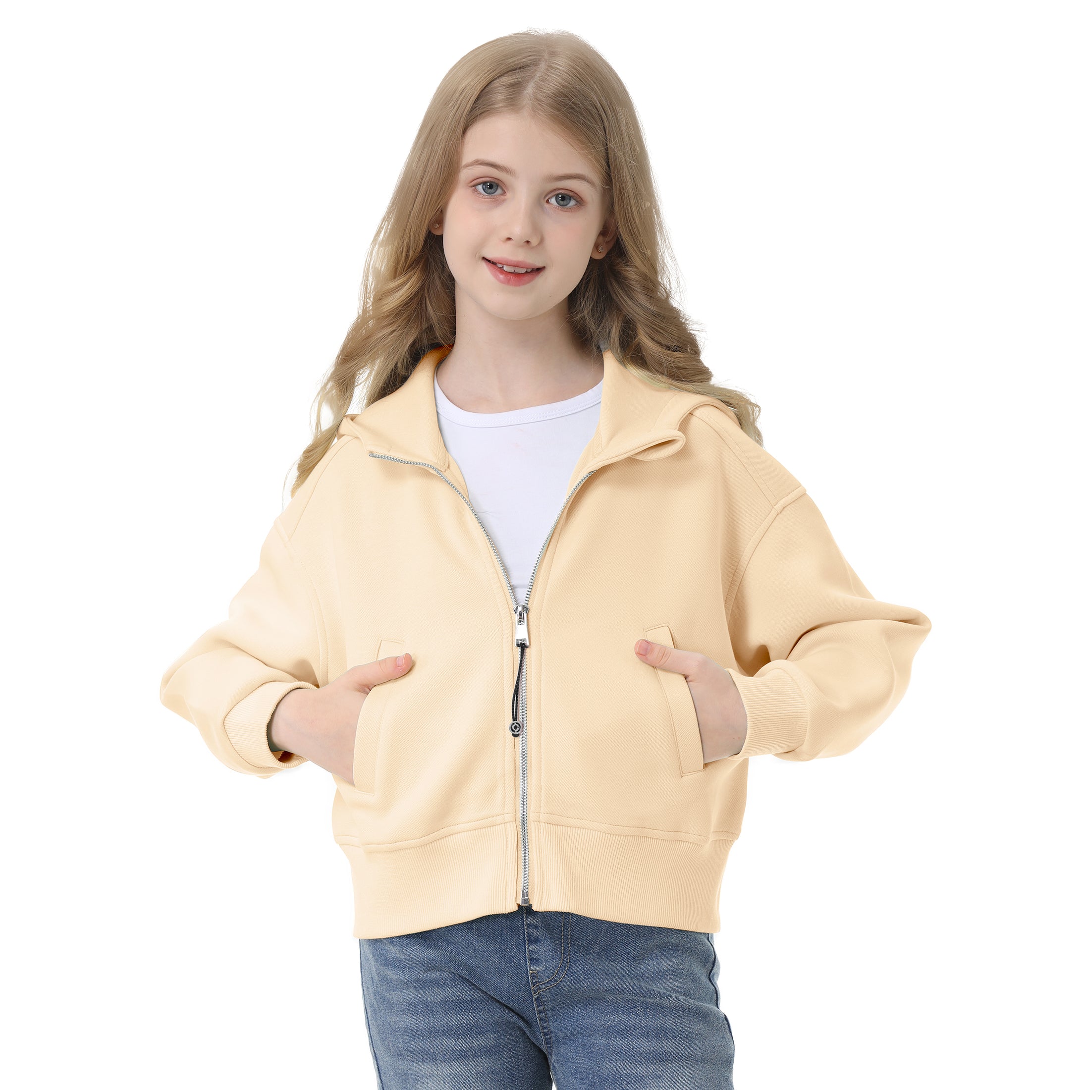 Rolanko Girls Cropped Cozy Long Sleeve Hooded Jacket