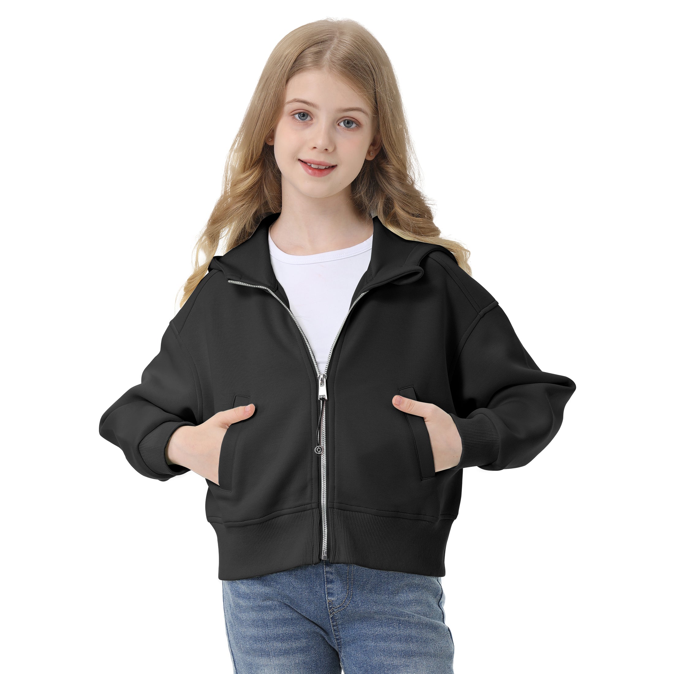 Rolanko Girls Cropped Cozy Long Sleeve Hooded Jacket