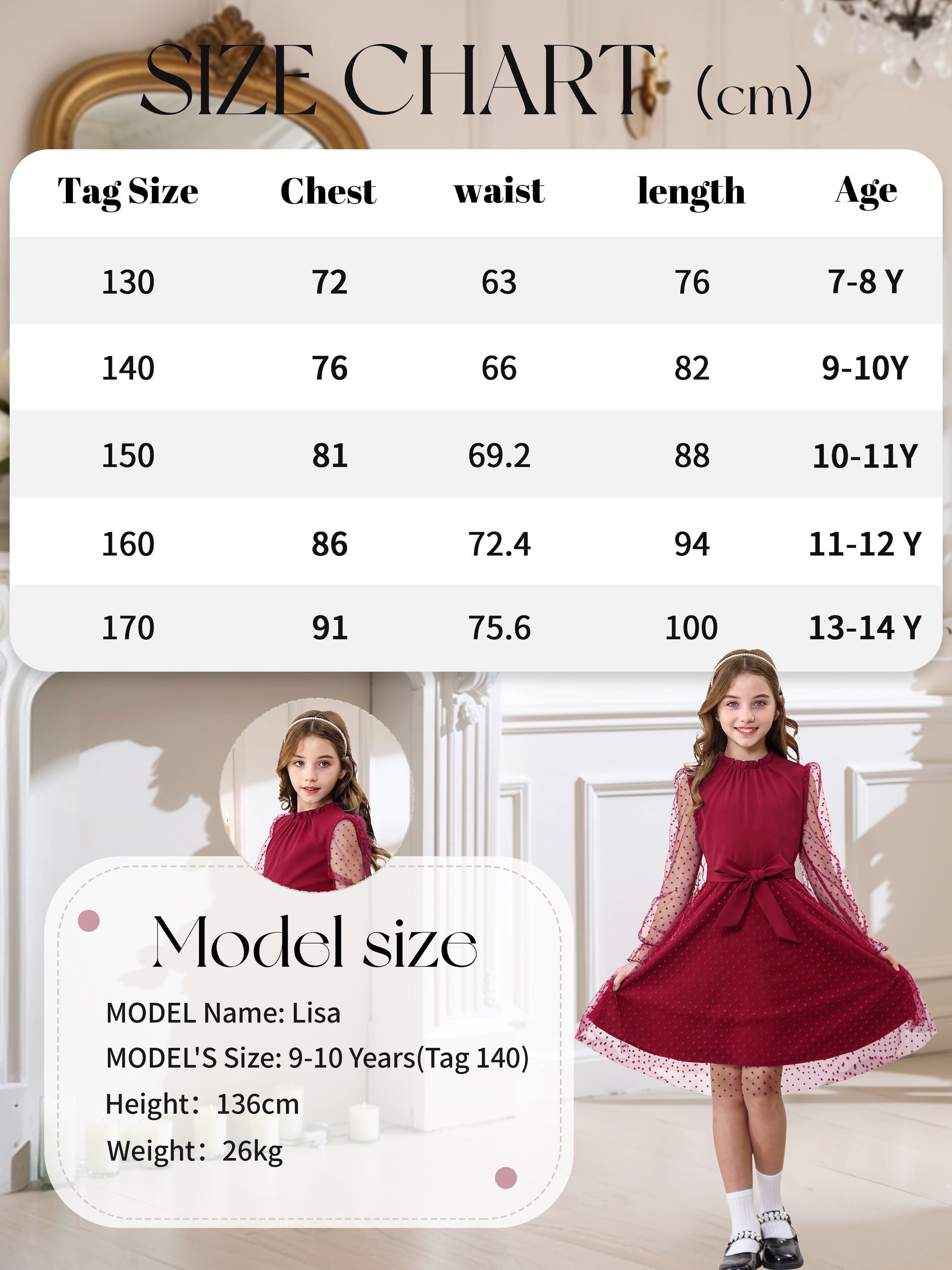 Rolanko Girls Contrast Mesh Puff Long Sleeve A-Line Dress with Belt