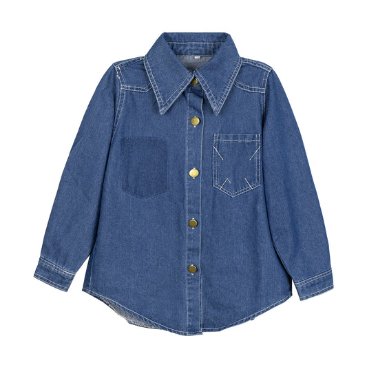 Girls Oversized Fall Denim Shirt with Pockets