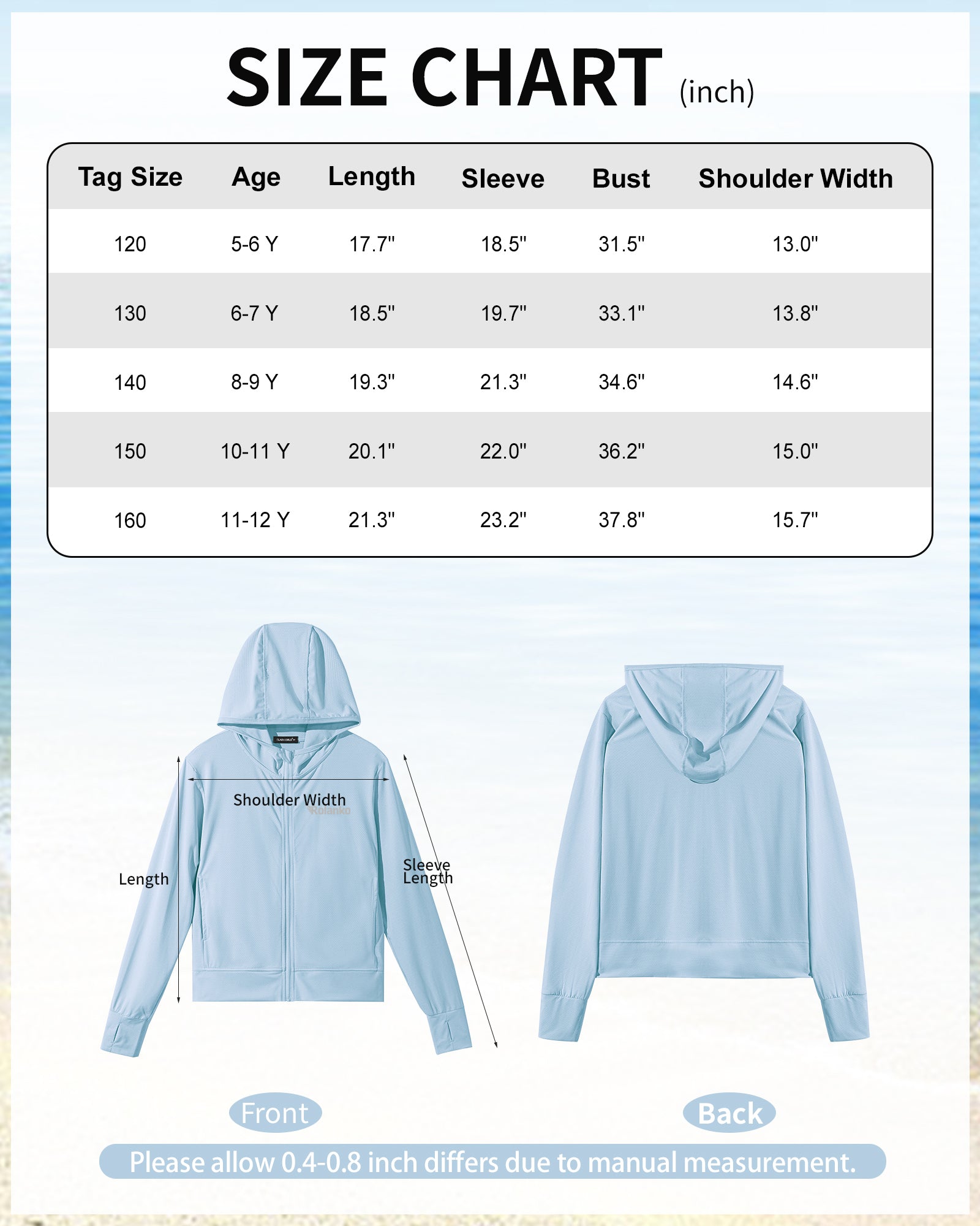 Rolanko Kids Zip Up Sun Hoodie UPF50+ with Thumbholes