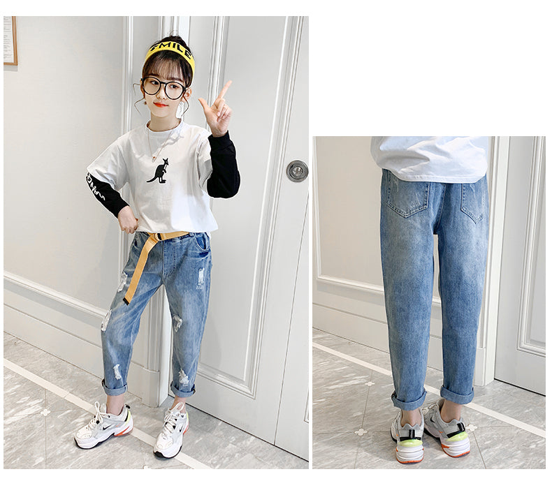 Girl's Blue Stylish Hole Denim Jeans