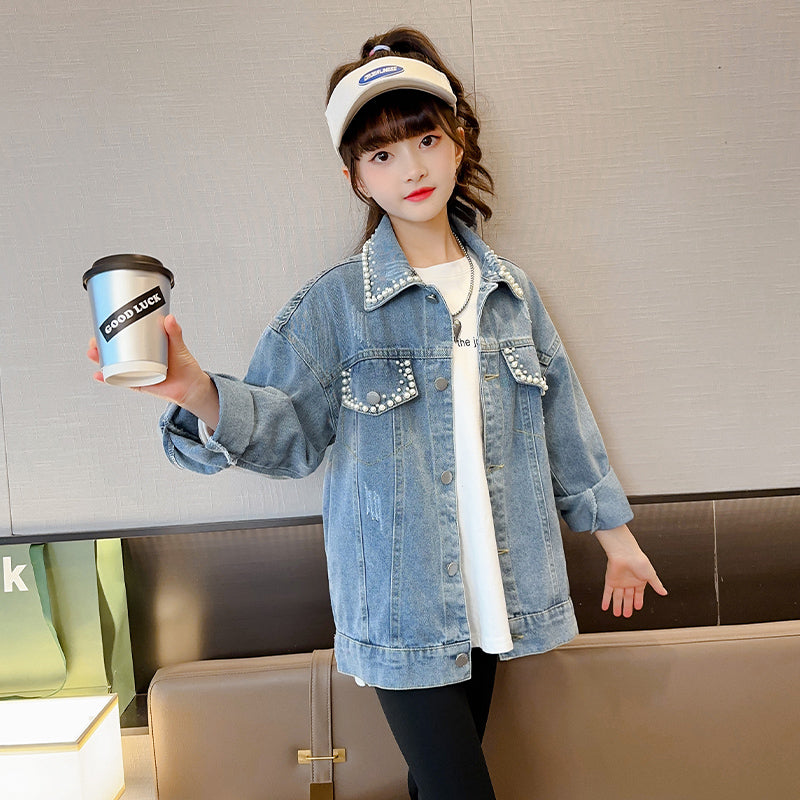 Girls Blue Pearl Denim Jacket