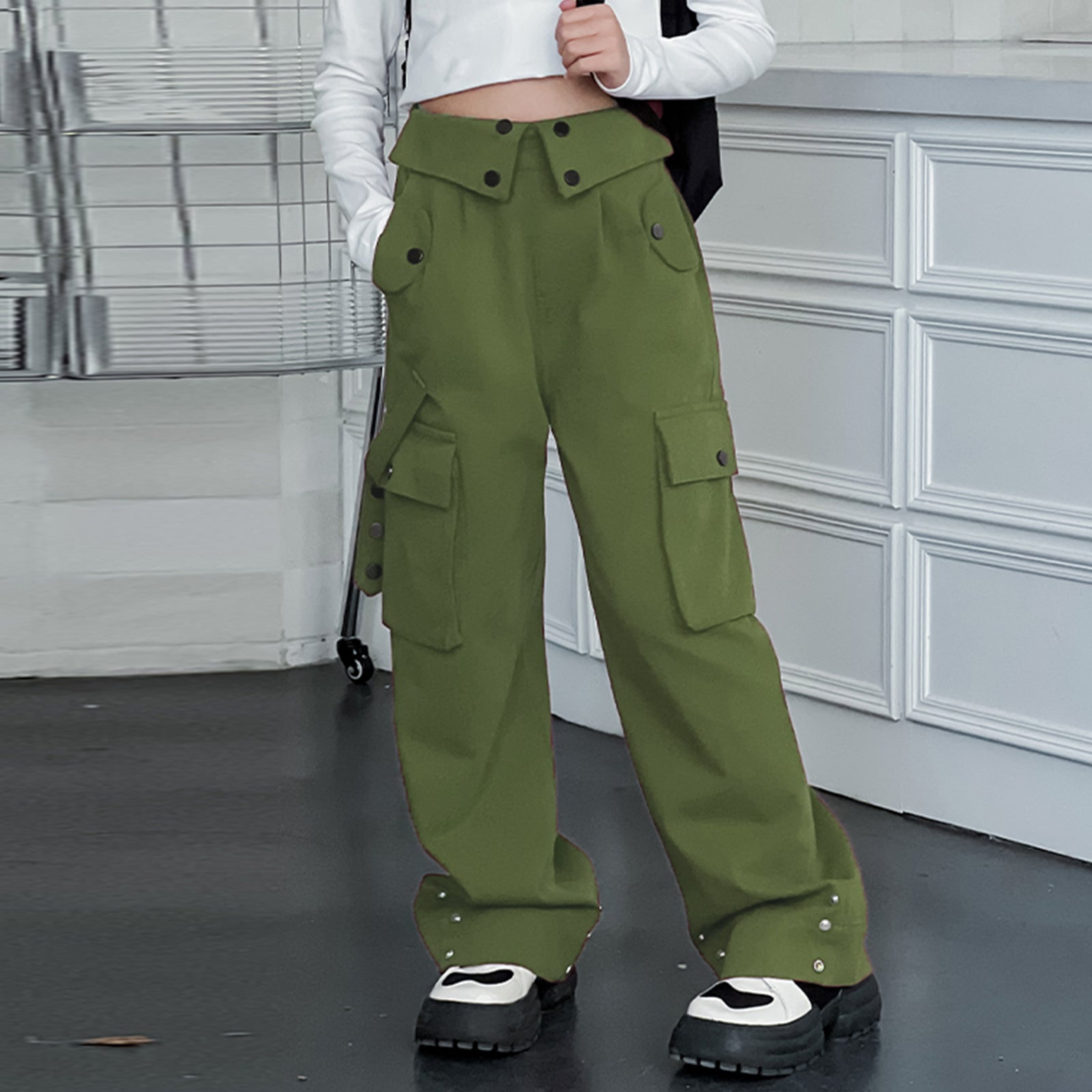 Girls Baggy Cargo High Rise Waist with Multi Pockets Wide Leg Cargos Pants