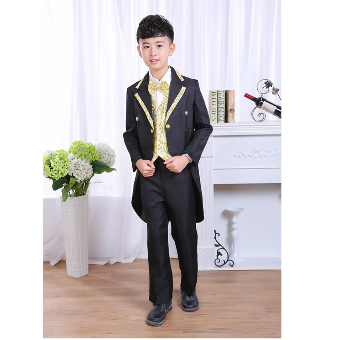 Rolanko 6 Piece Boys' Classic Tuxedo with Tail Formal Suits Wedding Ring Bearer Outfit Tailcoat Jacket, Vest, Pants, Shirt, Bowtie and Waistband