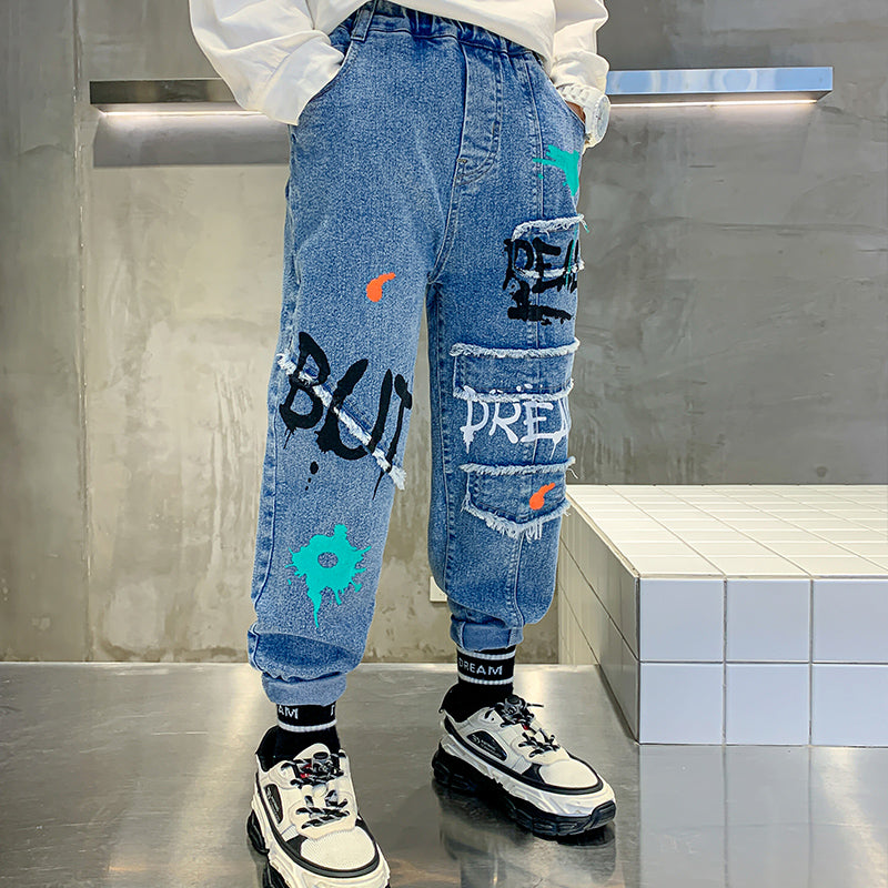 Boys Blue Graffiti Loose Fit Jeans