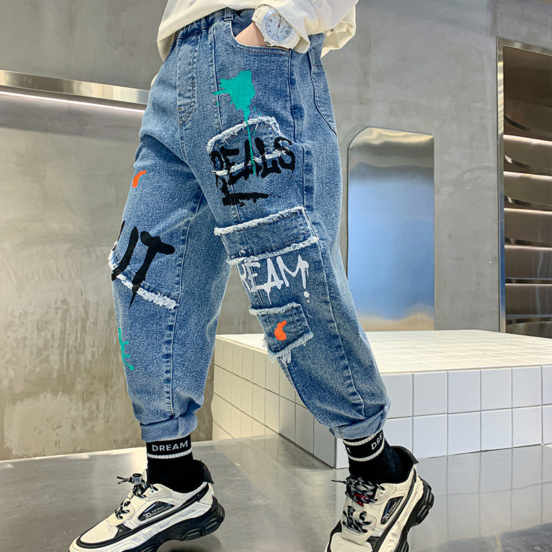 Boys Blue Graffiti Loose Fit Jeans