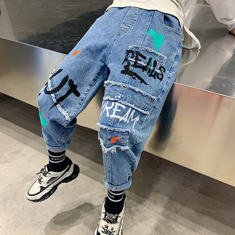 Boys Blue Graffiti Loose Fit Jeans