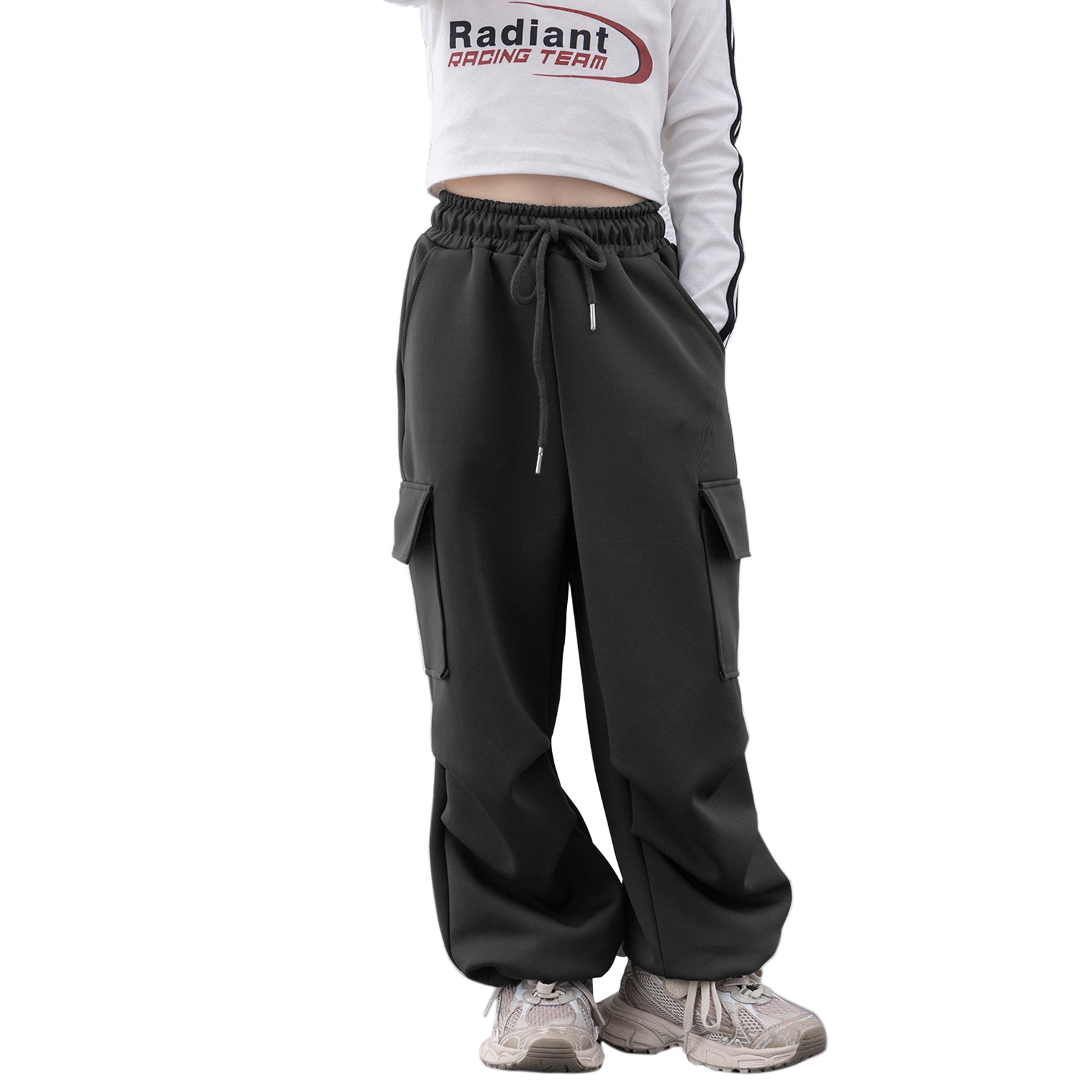 Girls Wide Leg Cargo Sweatpants with Pockets