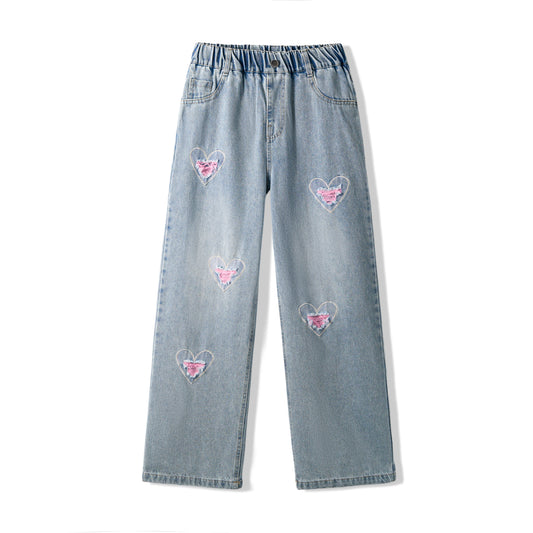 Rolanko Girls Ripped Heart Jeans Pink Distressed Denim Pants with Love Embroidery