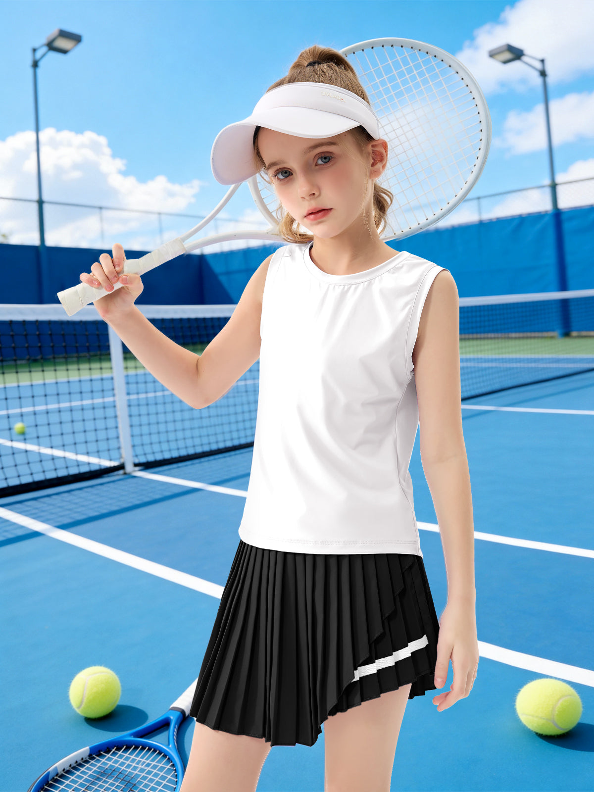 Rolanko Girls Tennis Skirt Set, UPF 50+ Tank Top & Pleated Skirt