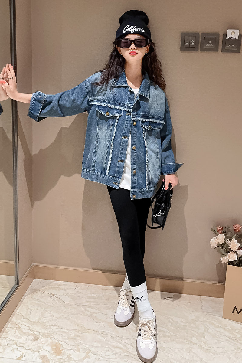 Girls Blue Ribbed Line Denim Jacket