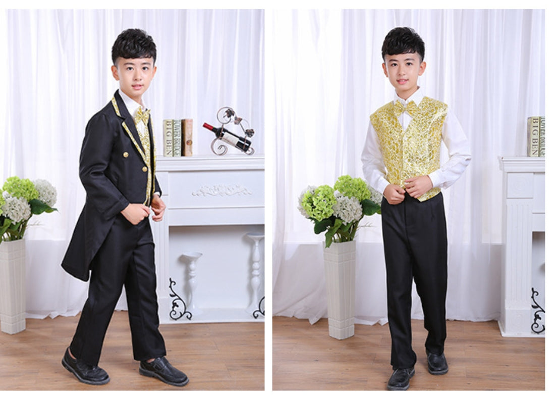 Rolanko 6 Piece Boys' Classic Tuxedo with Tail Formal Suits Wedding Ring Bearer Outfit Tailcoat Jacket, Vest, Pants, Shirt, Bowtie and Waistband