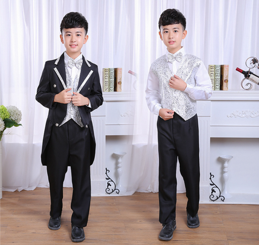 Rolanko 6 Piece Boys' Classic Tuxedo with Tail Formal Suits Wedding Ring Bearer Outfit Tailcoat Jacket, Vest, Pants, Shirt, Bowtie and Waistband