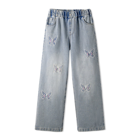 Rolanko Girls Pink Butterfly Embroidery Jeans