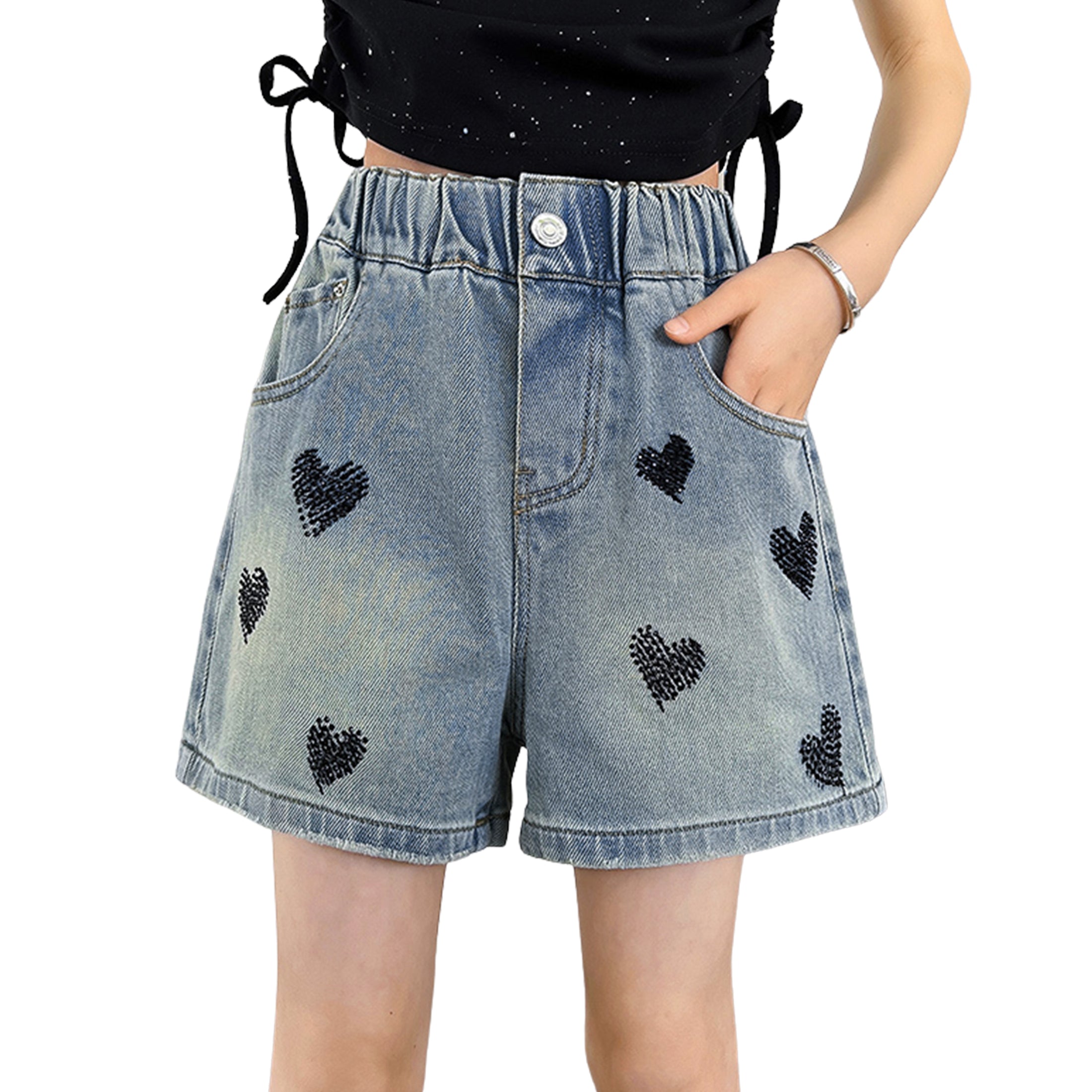 Rolanko Girls Elastic Waist Jean Shorts Wide Leg Baggy Denim Shorts