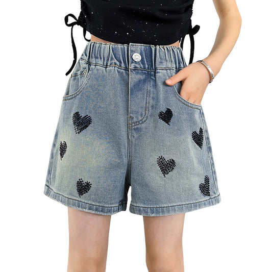 Rolanko Girls Elastic Waist Jean Shorts Wide Leg Baggy Denim Shorts