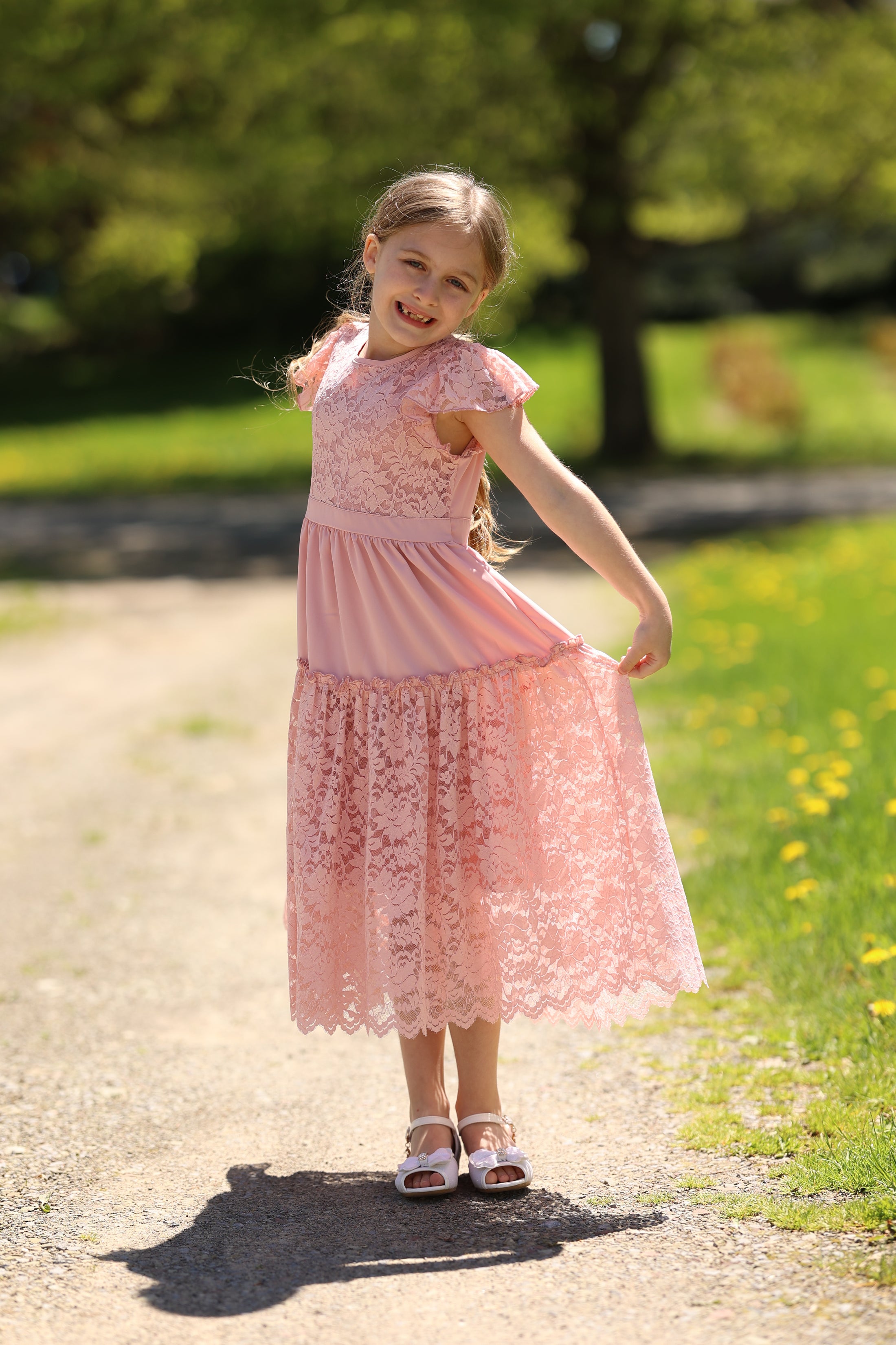 Rolanko Girls Boho Lace Ruffle Sleeve Tiered Flower Maxi Dress with Lining