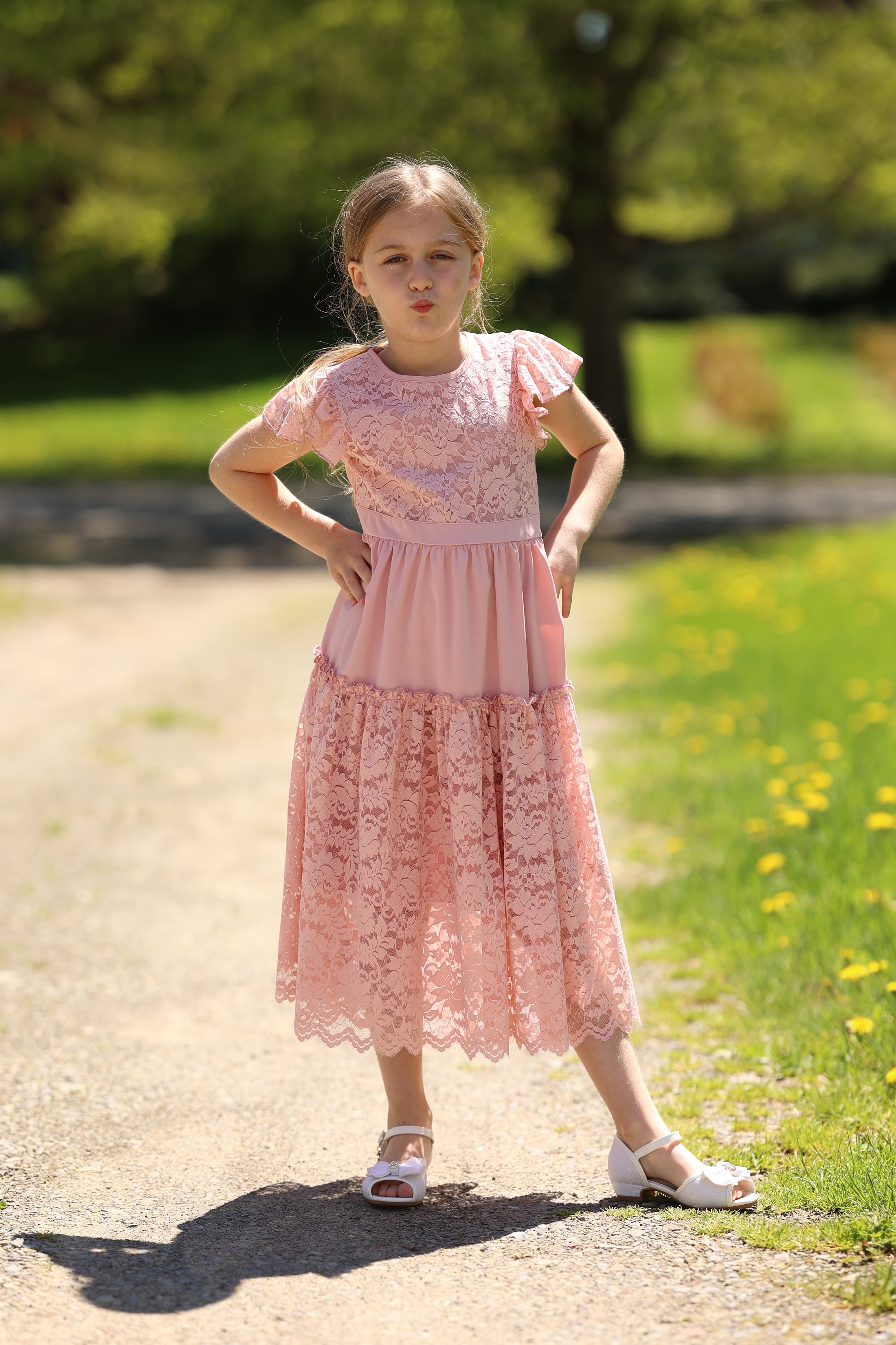 Rolanko Girls Boho Lace Ruffle Sleeve Tiered Flower Maxi Dress with Lining