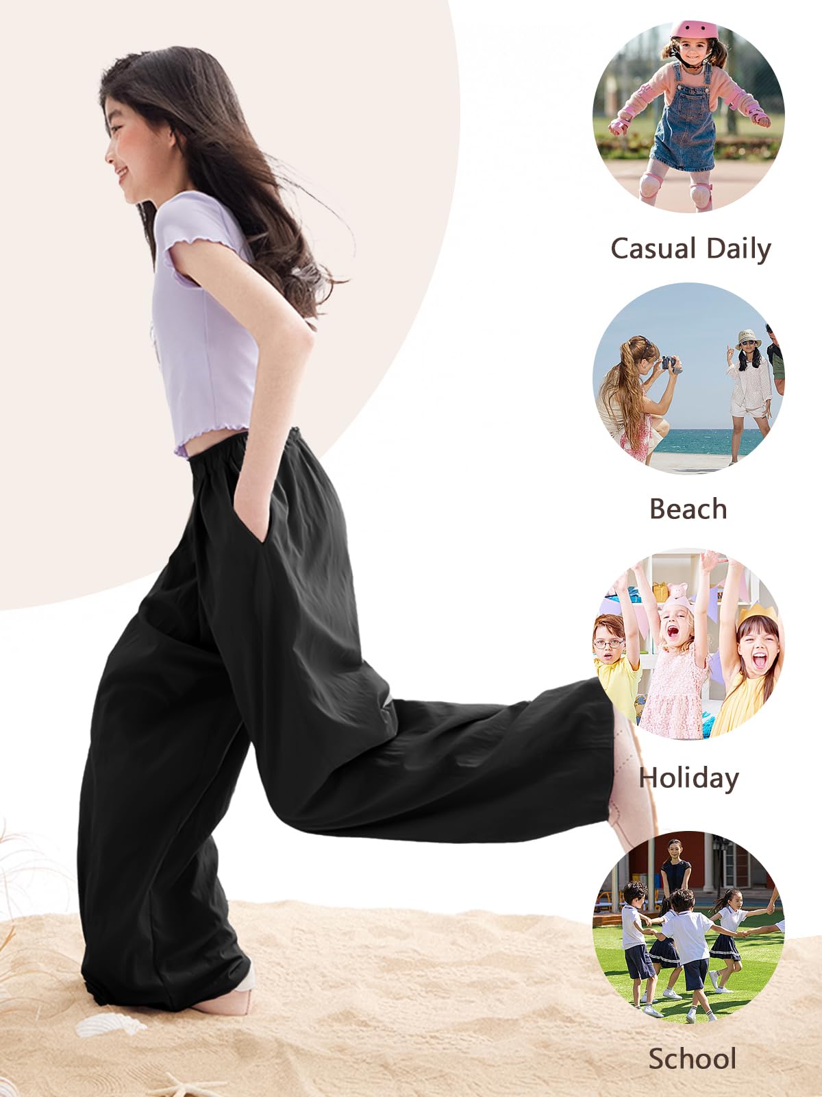 Rolanko Girls Wide Leg Pants Flowy Loose Fit Palazzo Pants for Girls Kids Linen Trousers Casual Beach