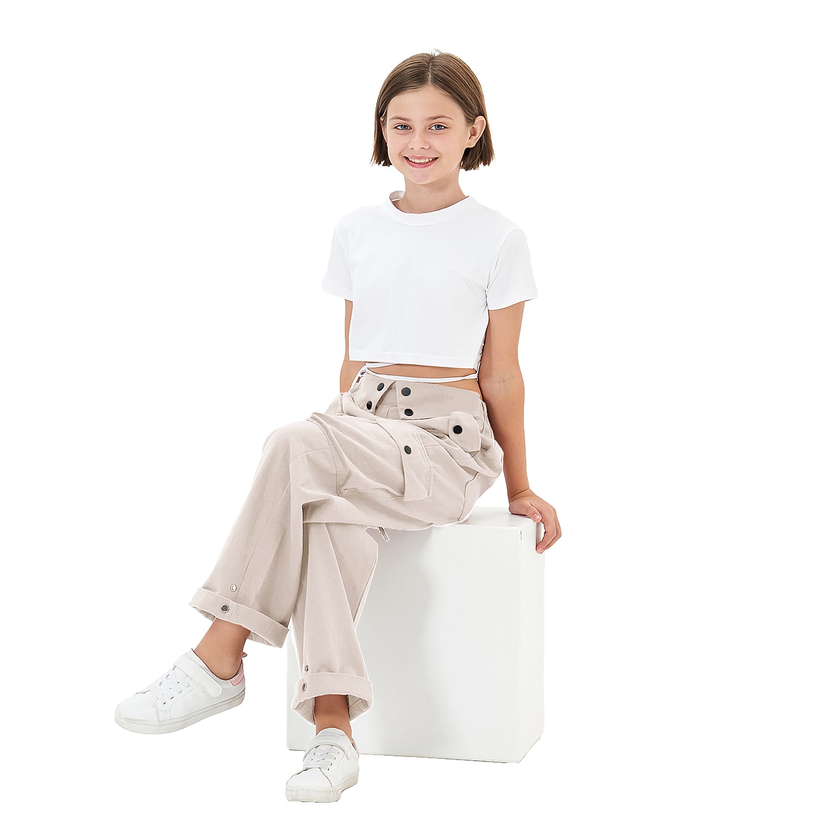 Girls Baggy Cargo High Rise Waist with Multi Pockets Wide Leg Cargos Pants