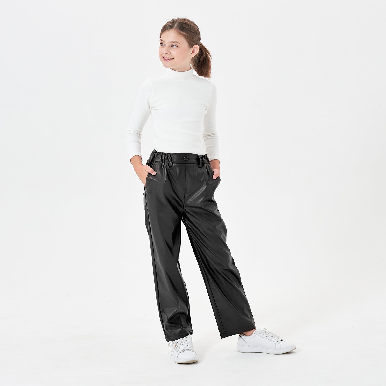 Girls Faux Leather Pants Straight Wide Leg Streetwear Trousers with Pockets