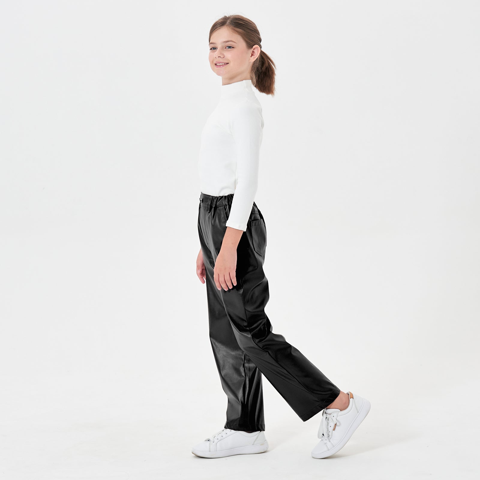 Girls Faux Leather Pants Straight Wide Leg Streetwear Trousers with Pockets