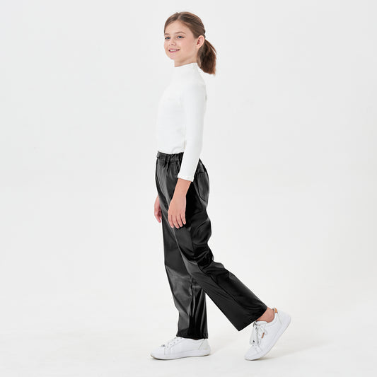 Pantaloni da ragazza in ecopelle Pantaloni dritti streetwear a gamba larga con tasche 