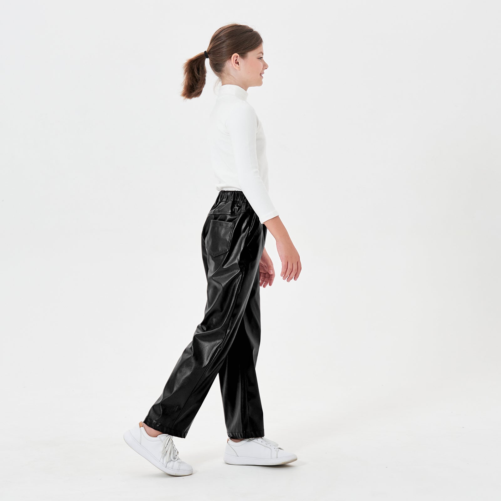 Girls Faux Leather Pants Straight Wide Leg Streetwear Trousers with Pockets